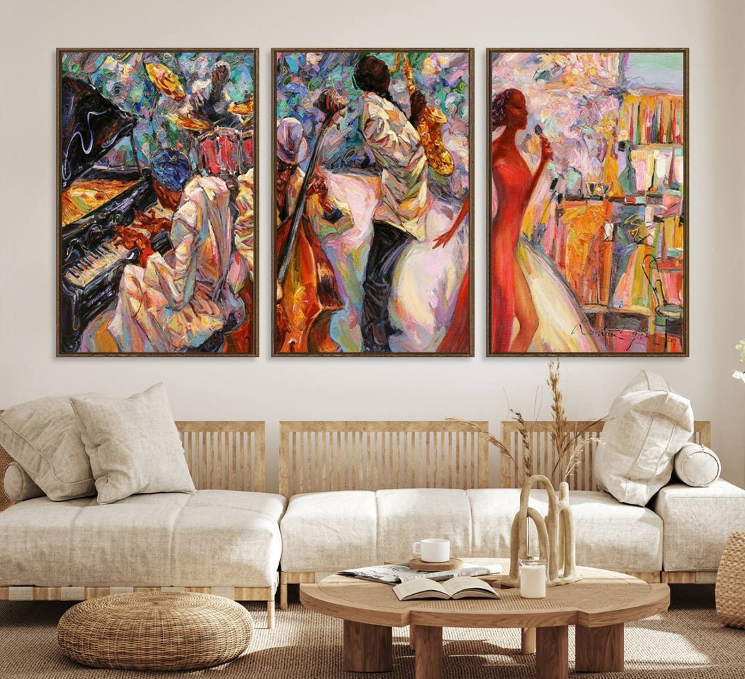 The Abstract Afro American Jazz Canvas captures a vibrant jazz band and showcases a woman dancing in red, making it perfect for dining or music spaces.