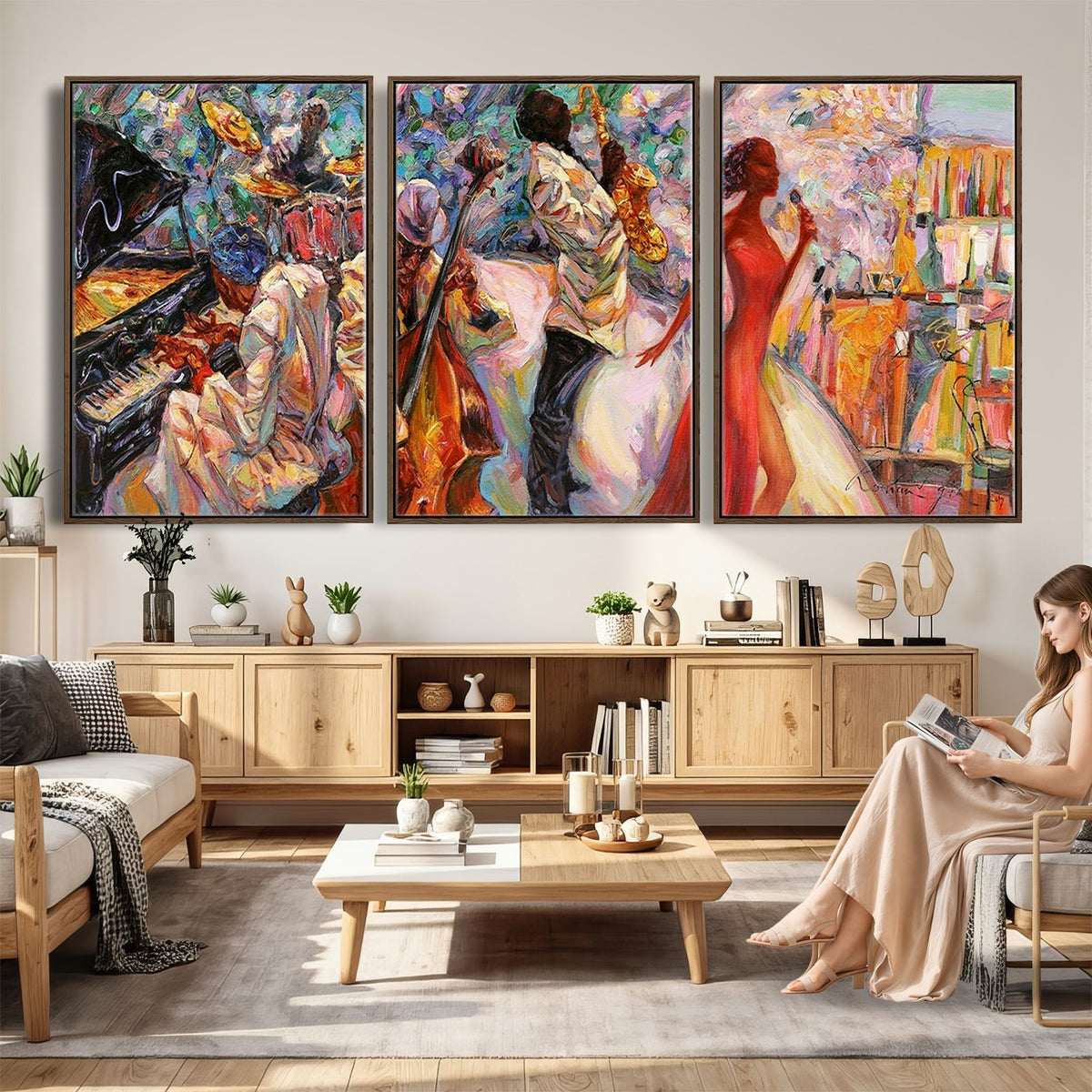 40574-_Poster-30x20 - Afro American Jazz Band Canvas Wall Art | 3 Panel Music Studio Decor