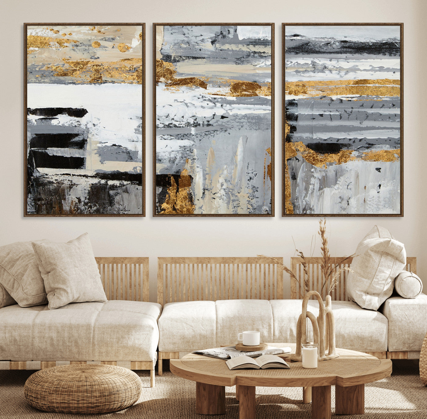 43177-MGV-FC-60X30-3P_Walnut-Abstract Painting Canvas Wall Art Print Paint Drip Art Brush Strokes Gray Artwork