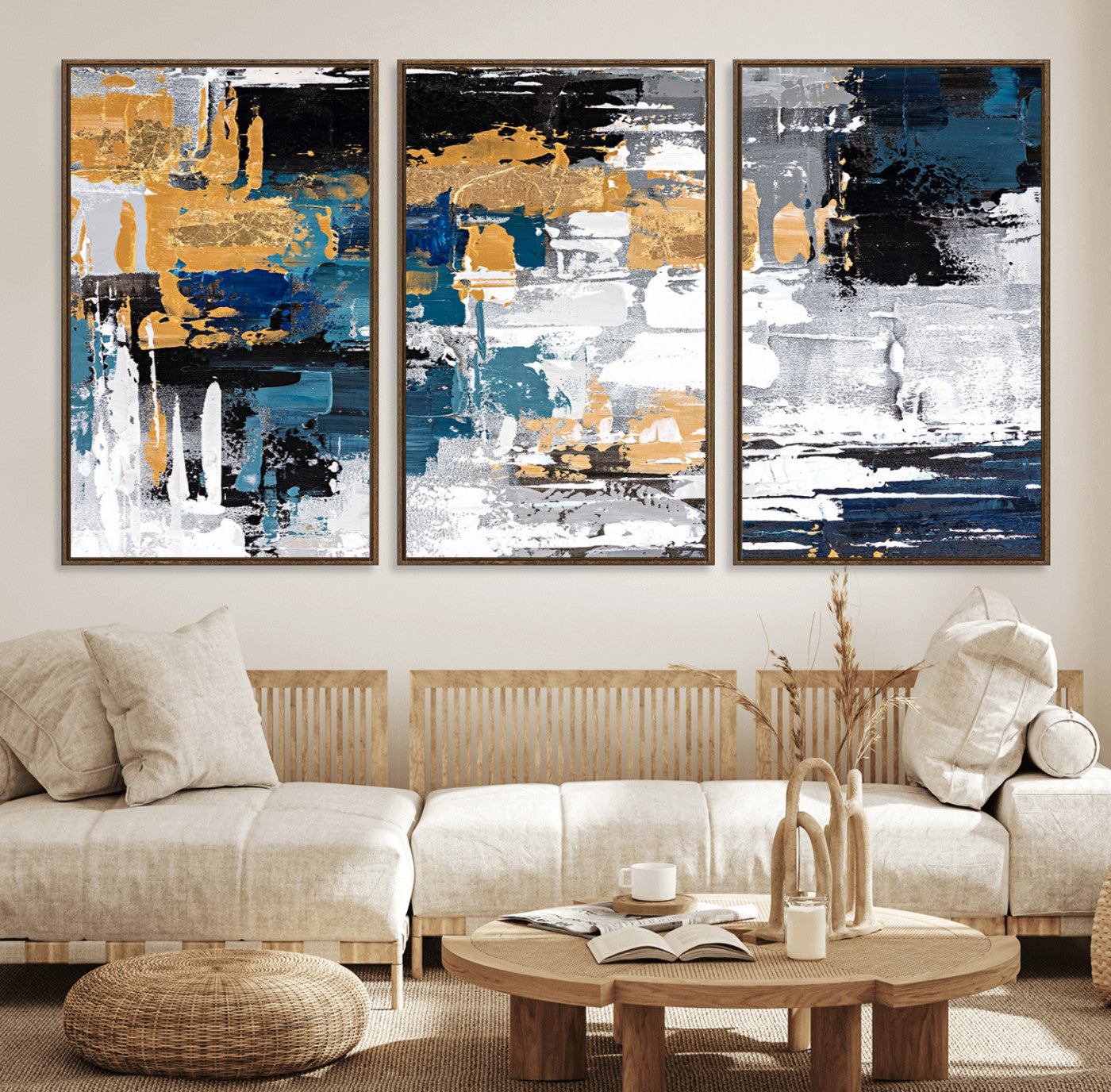 57708-MGV-FC-60X30-3P_Walnut-Blue and Gold Abstract Canvas Wall Art – Triptych Modern Painting for Living Room – Framed and Ready