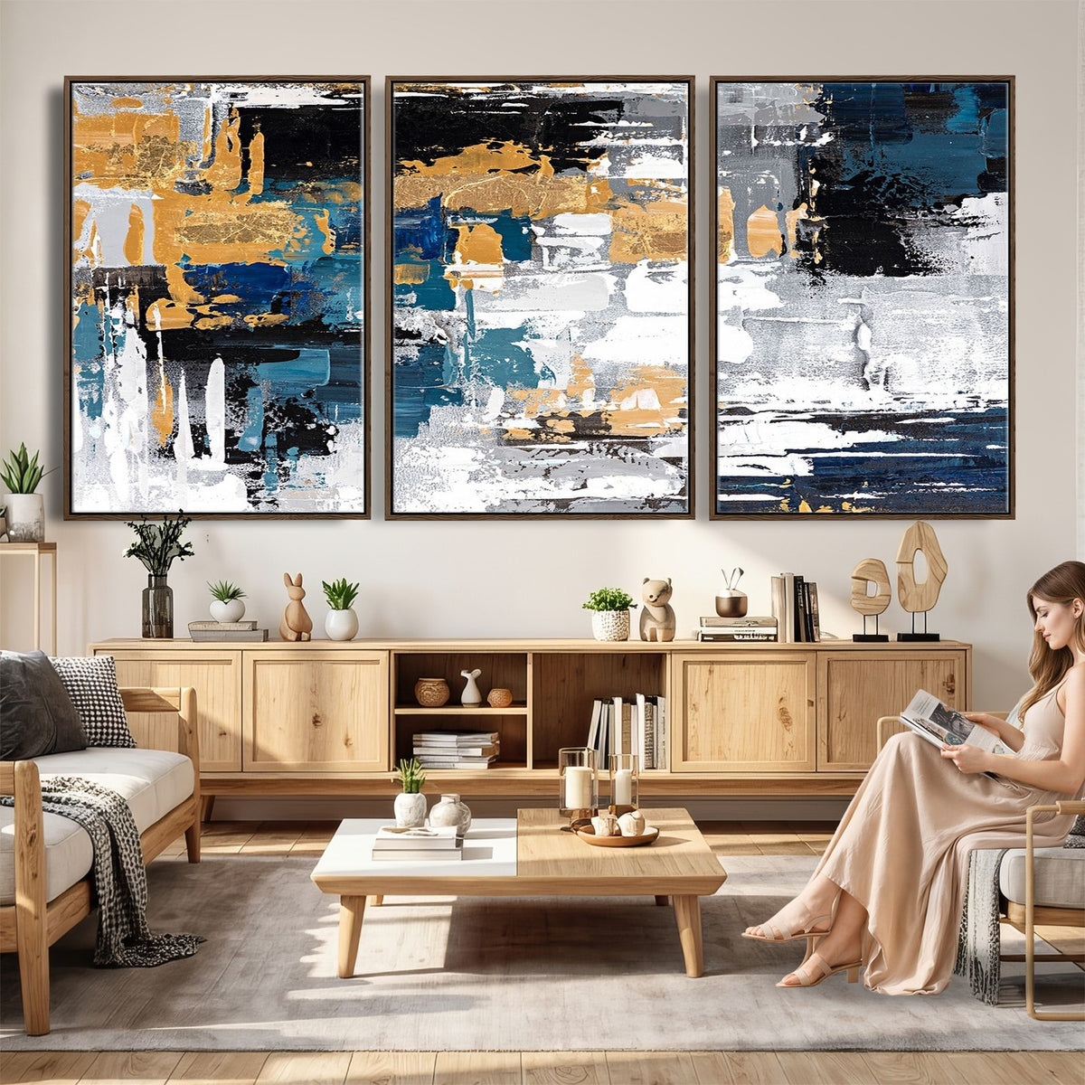 57708-_Poster-30x20 - Blue and Gold Abstract Canvas Wall Art | Triptych Modern Art Print