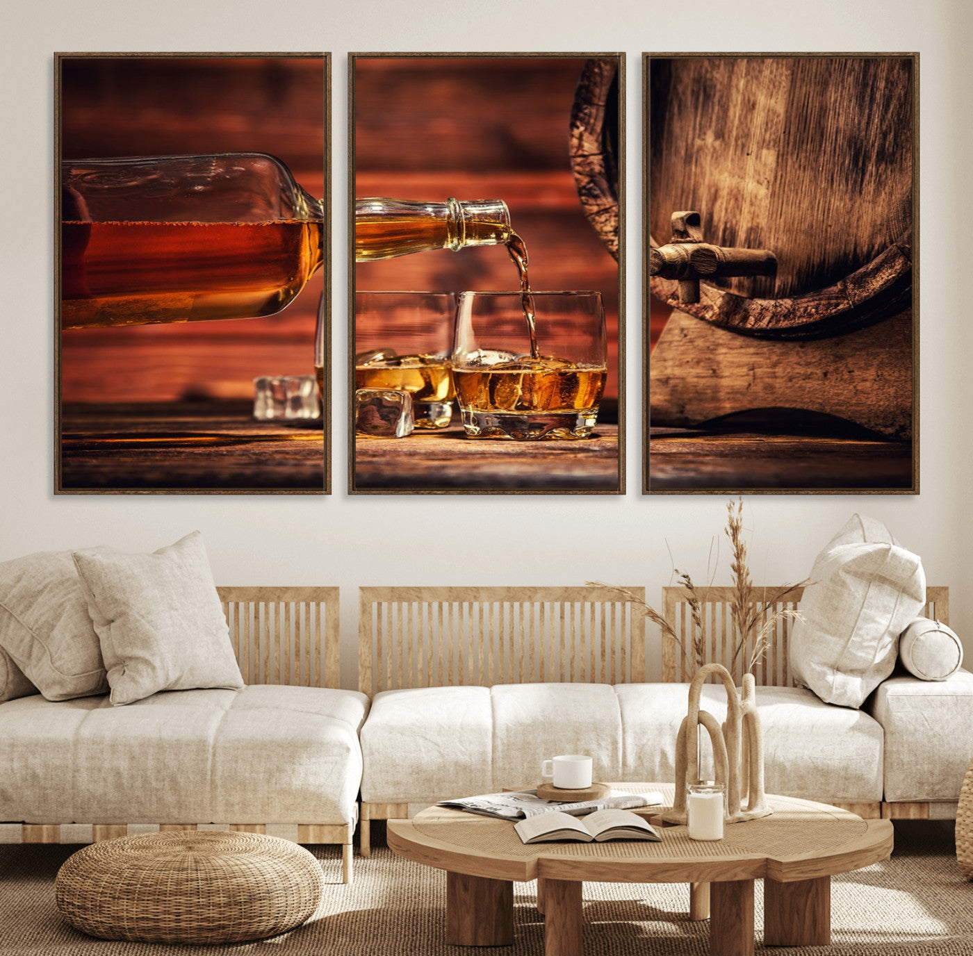 MGV-FC-60X30-3P - Whiskey and Cigar Canvas Wall Art | 3 Panel Bar Room Decor for Home Lounge, Office, or Man Cave |