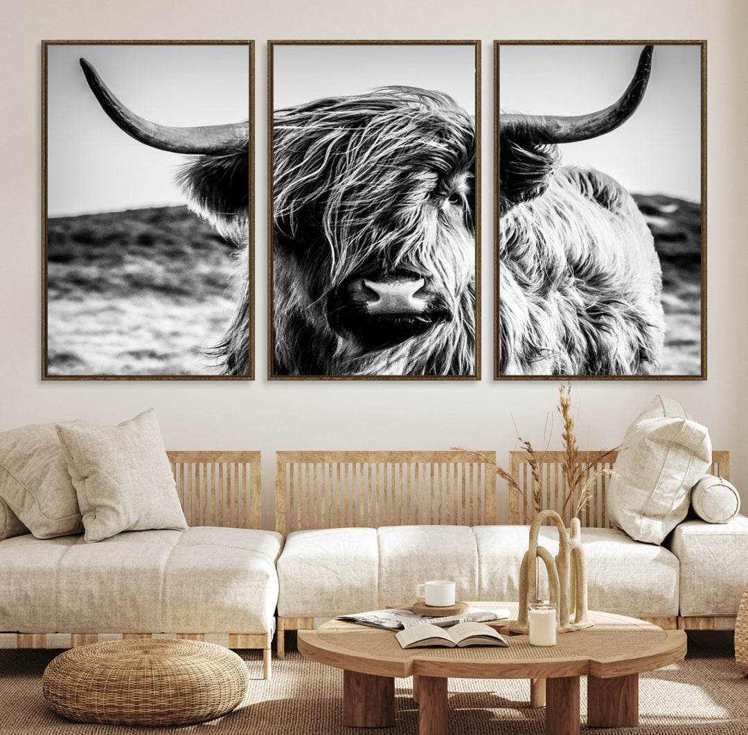 Highland Cow Wall Art | 3-Panel Black and White Highland Cow Canvas Print for Western Farmhouse Decor