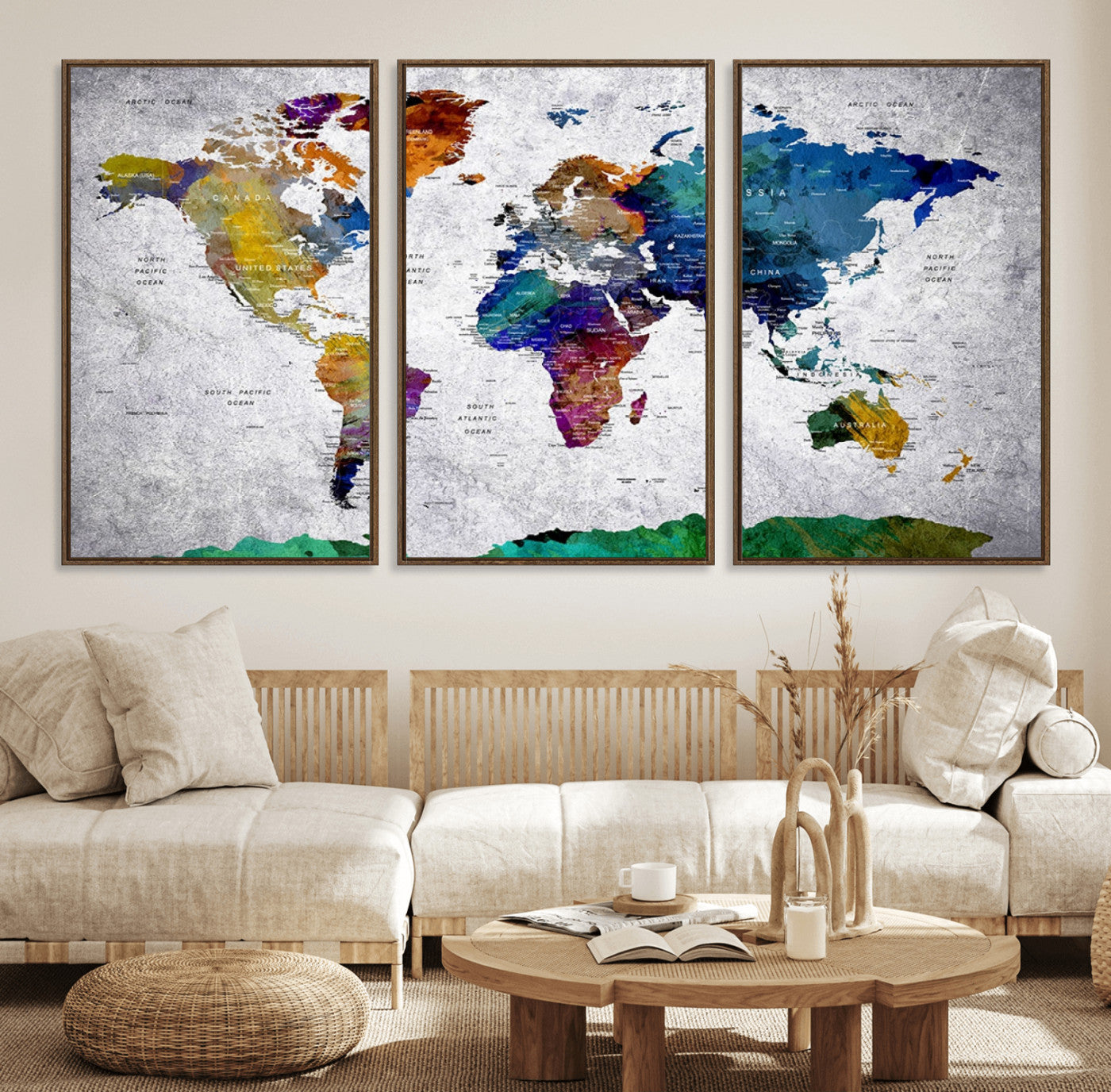 26840-MGV-FC-60X30-3P_Walnut-Push Pin World Map Canvas Print – Framed Travel Tracker Wall Art for Couples, Anniversary Gift and Modern Home Decor