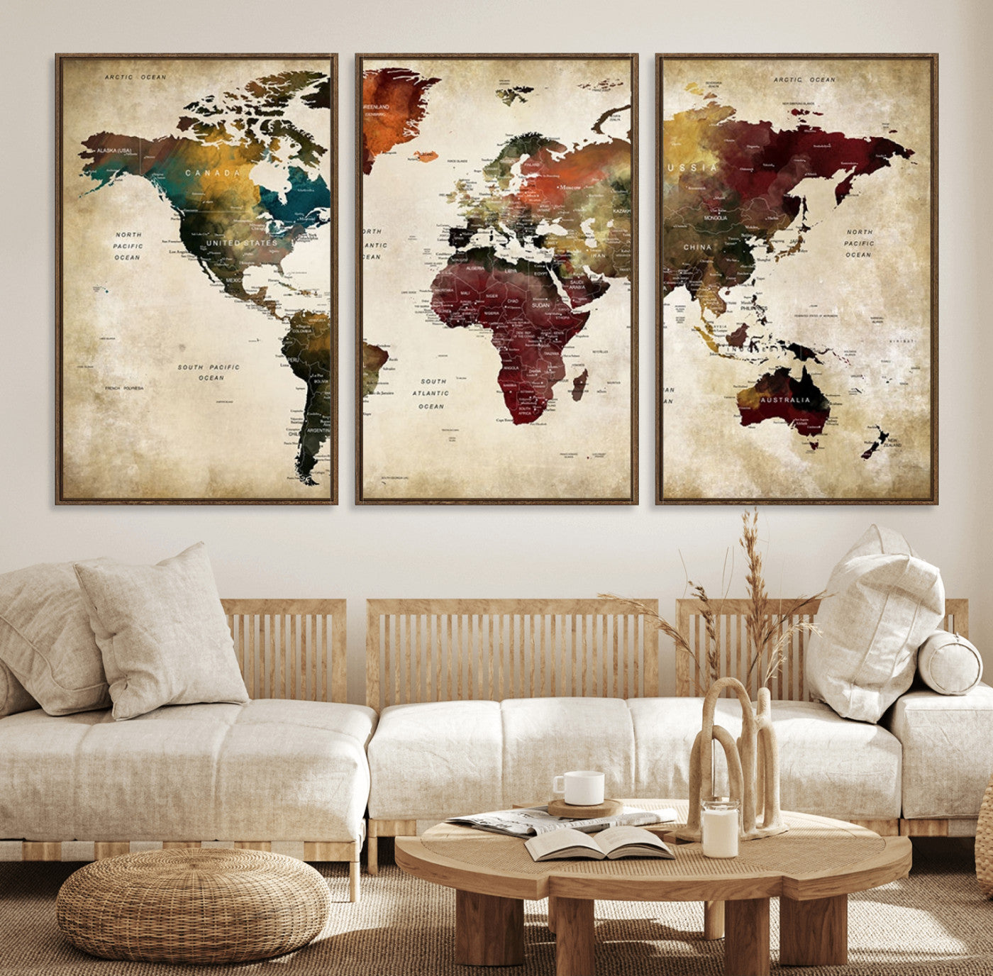 63870-MGV-FC-60X30-3P_Walnut-Large World Map Wall Art Canvas Print, Framed Push Pin Map Art Picture Print, Abstract Traveller Map Perfect Modern Decor Artwork