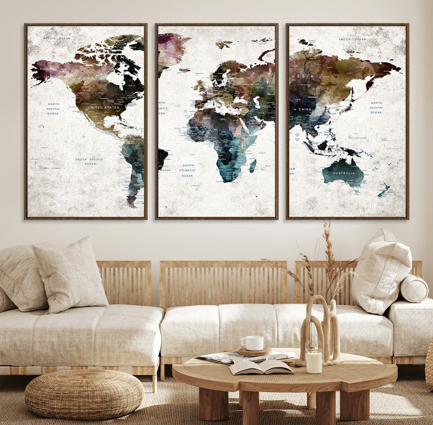 42478-MGV-FC-60X30-3P_Walnut-Push Pin World Map Canvas Print – Framed Travel Map Wall Art for Couples, Anniversary Gift, Modern Home or Office Decor