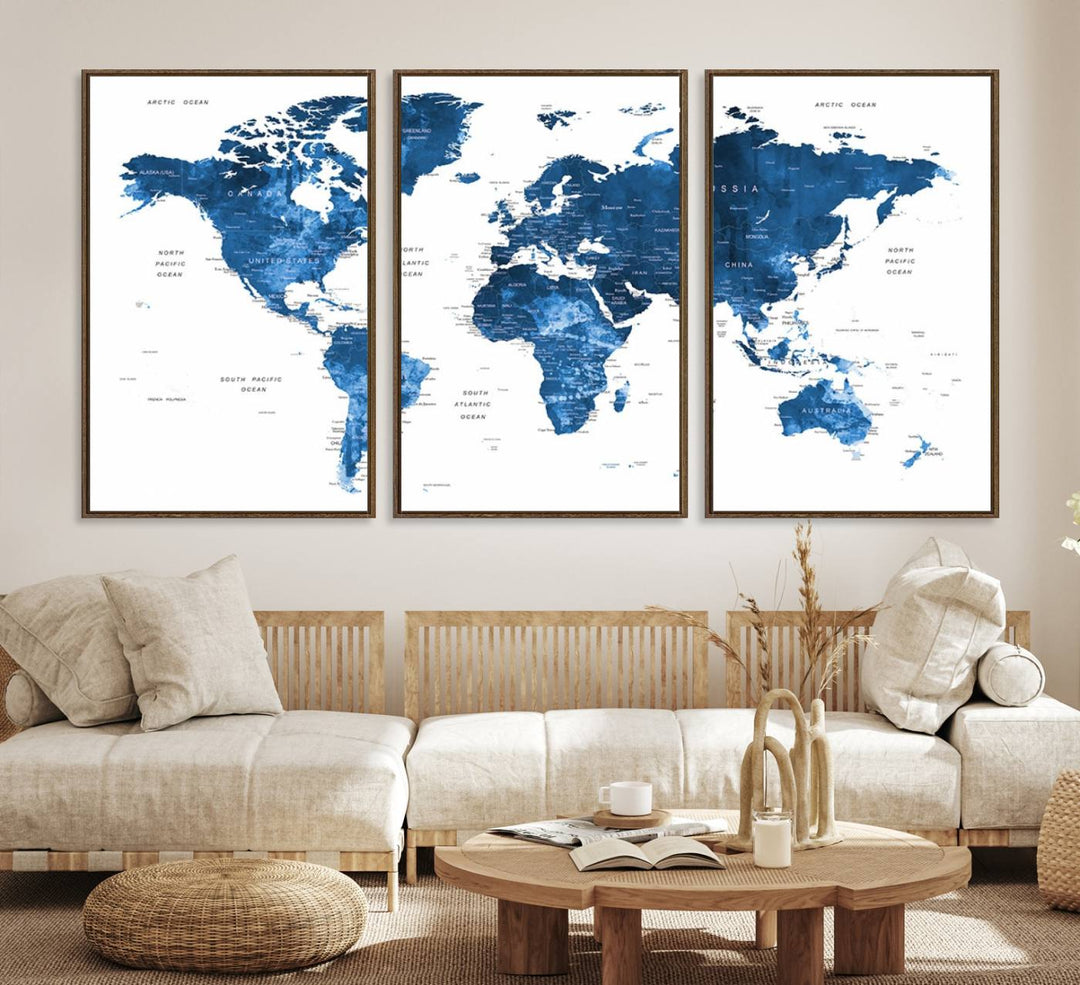 Navy Blue Wall Art World Map Canvas Print, an ideal piece for anyone seeking unique home or office decor.