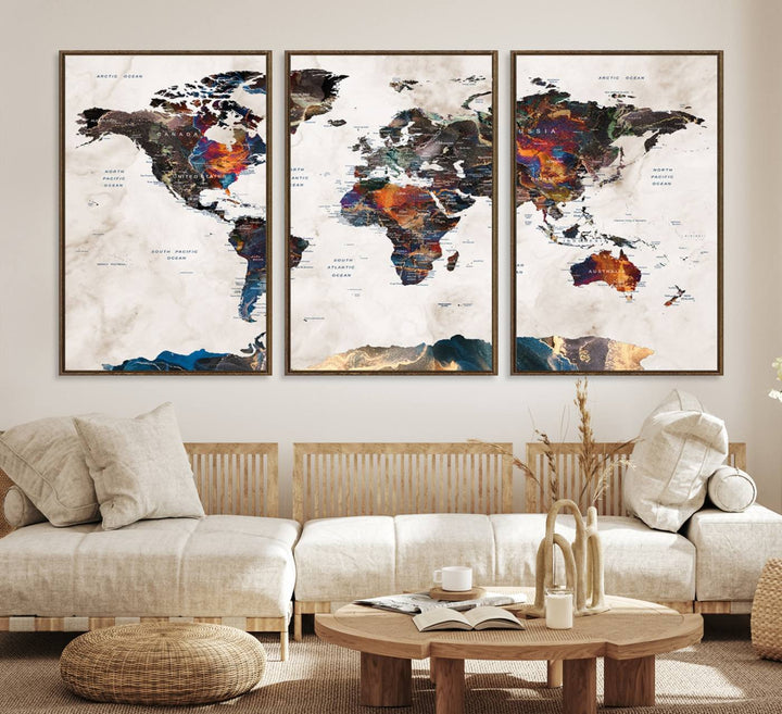 Watercolor World Map Canvas Print in earthy hues with a grunge background, ideal for wall decor.