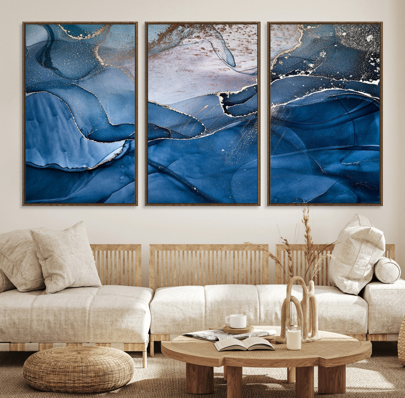 27810-MGV-FC-60X30-3P_Walnut-Navy Blue Canvas Art Abstract Print – Elegant Triptych Modern Art Print – Contemporary Decor for Living Room or Office