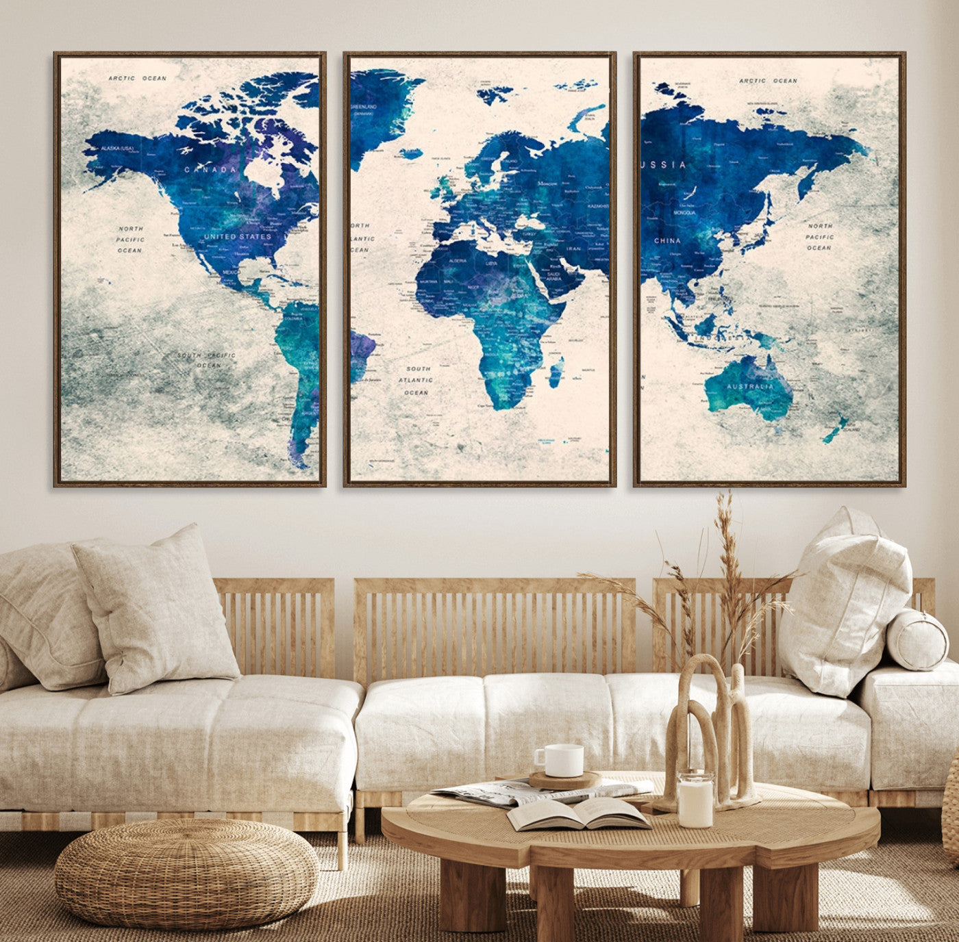 43947-MGV-FC-60X30-3P_Walnut-Blue Watercolor World Map Canvas Print – Framed Modern Wall Art, Elegant Push Pin Travel Map Decor for Home Office or Living Room