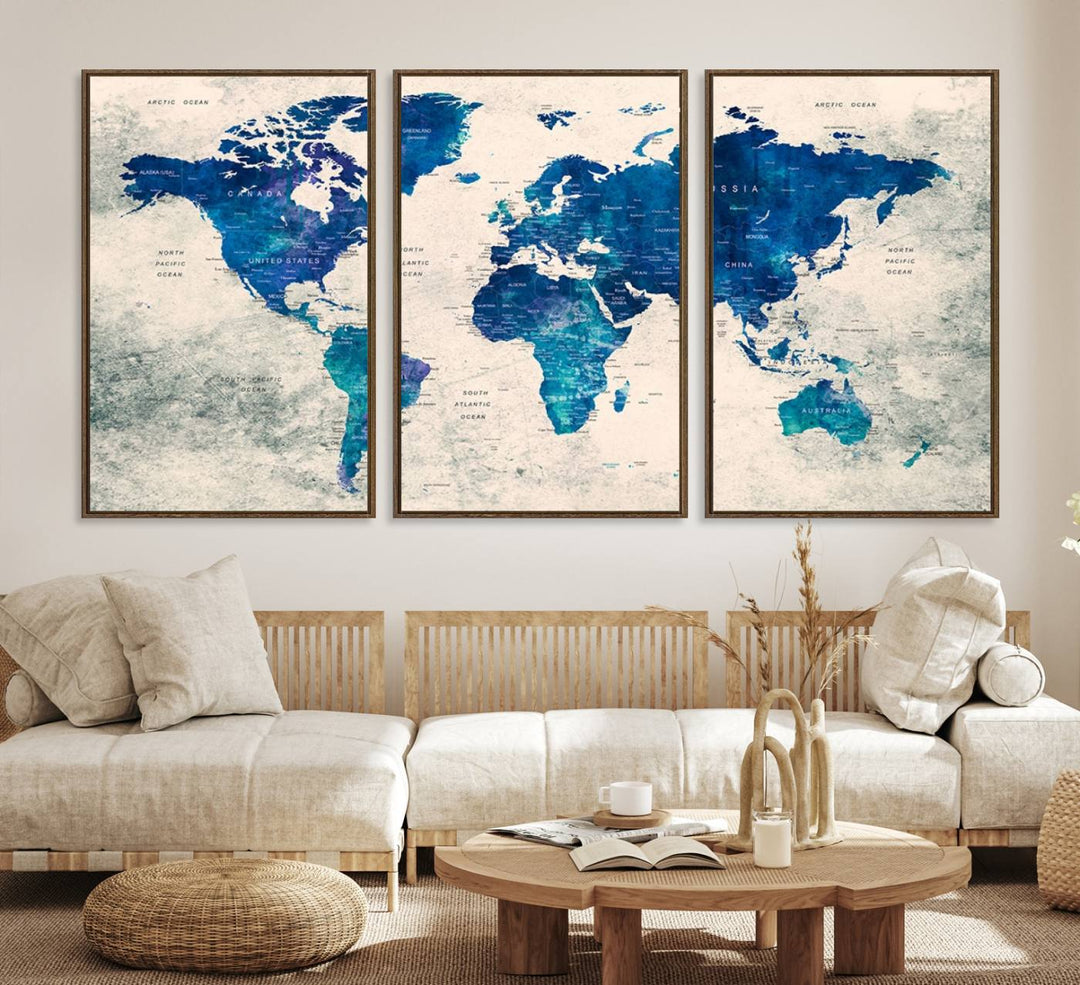 Navy Blue Push Pin World Map Canvas Print featuring a grunge-stained background, with labeled countries and oceans.