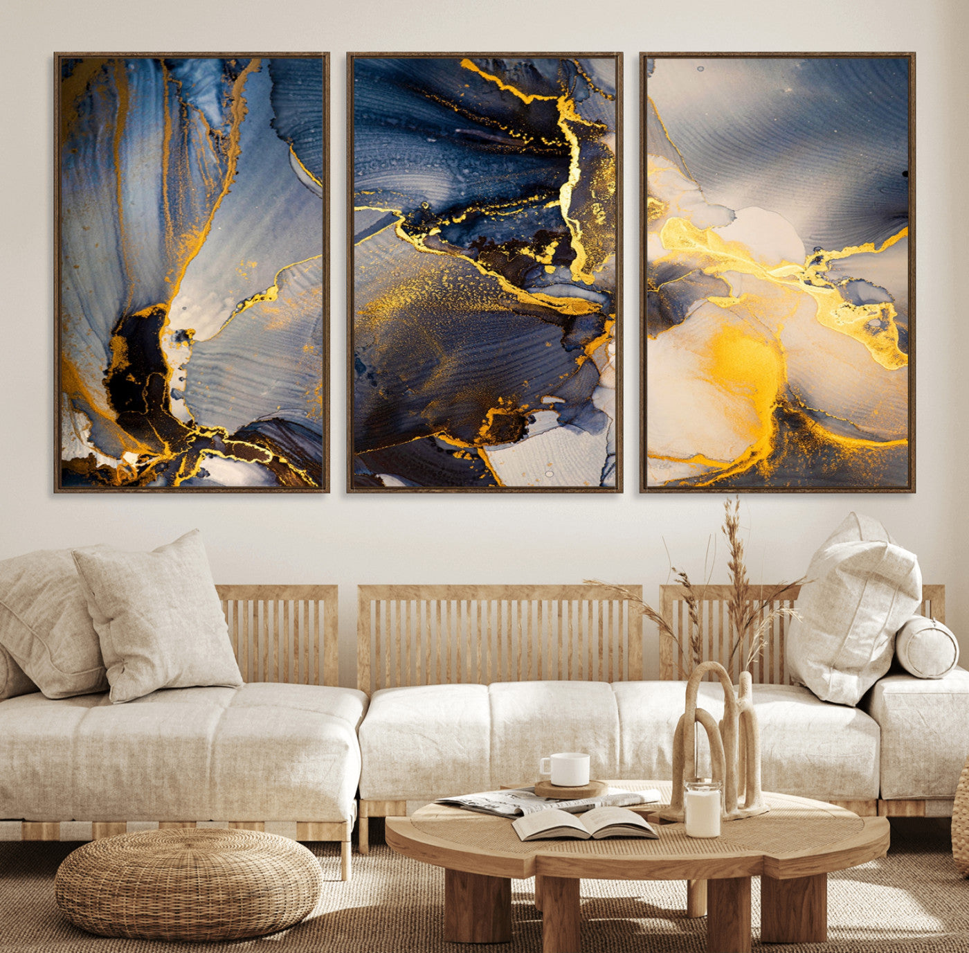42100-MGV-FC-60X30-3P_Walnut-Large Abstract Wall Art Print - Gold and Blue Abstract Canvas Wall Art | Fluid Ink Modern Luxury Wall Decor for Living Room Decor