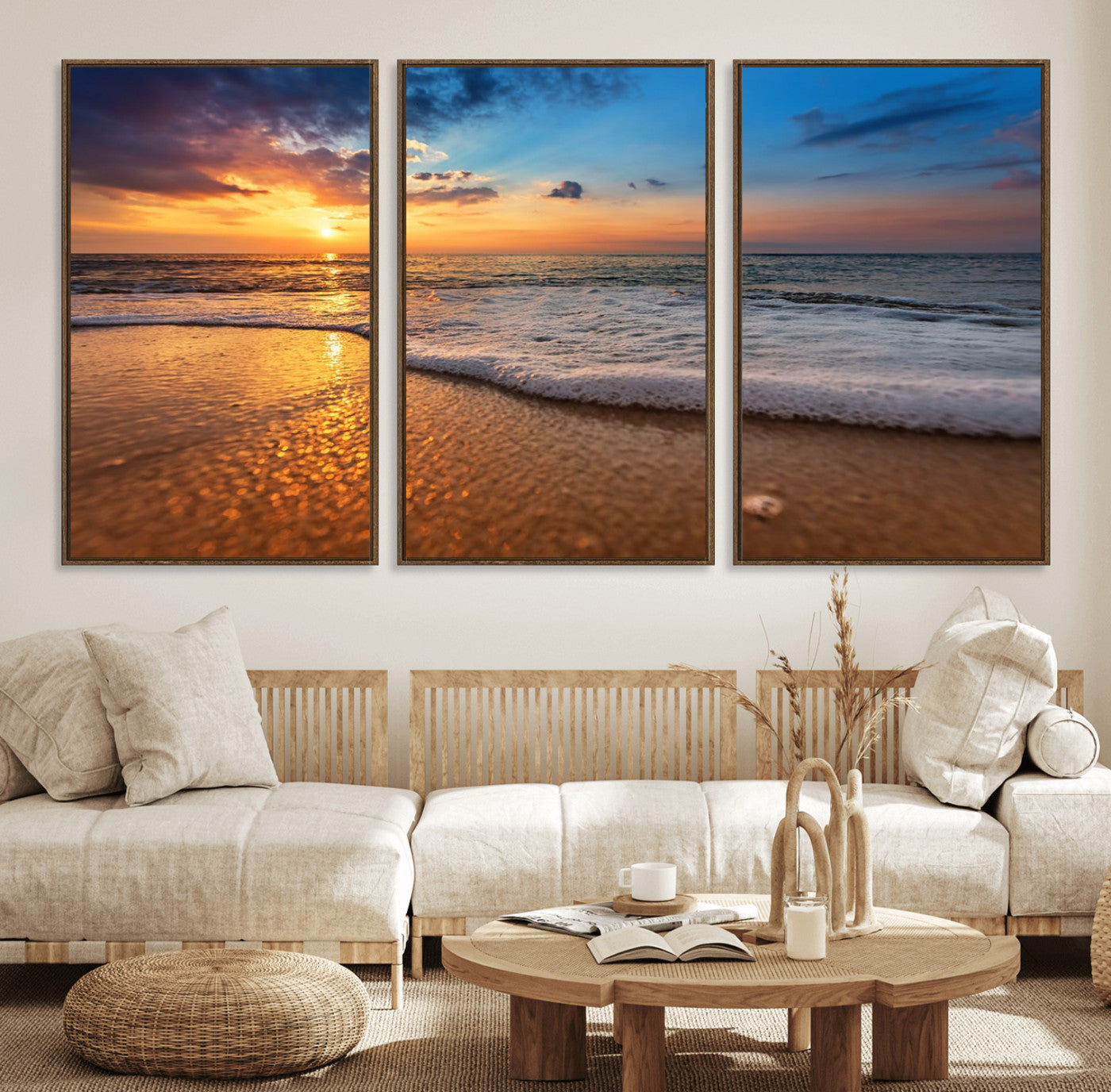 12740-MGV-FC-60X30-3P_Walnut-Sunset and Beach at Night Wall Art Canvas Print