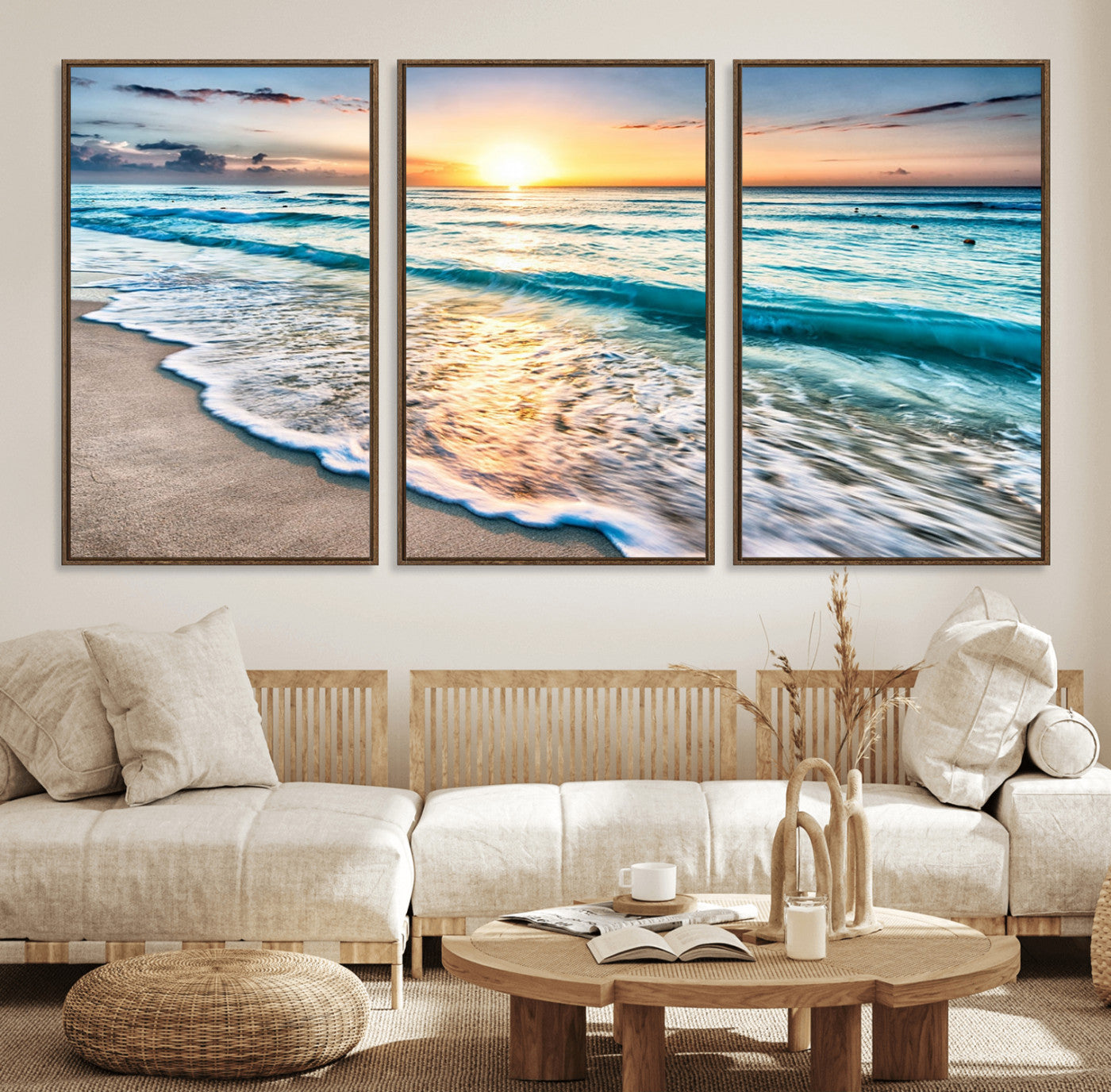 27815-MGV-FC-60X30-3P_Walnut-Sunset Beach Waves Canvas Wall Art – 5-Panel Ocean Sunset Print – Coastal Decor for Living Room or