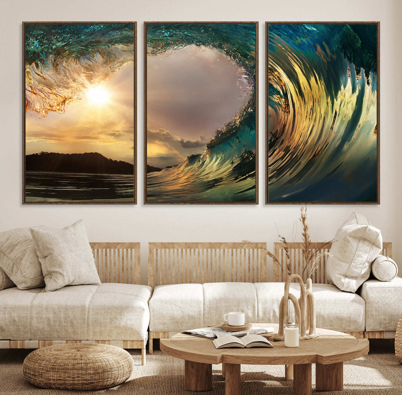 MGV-FC-60X30-3P - Golden Wave Sunset Giclee Canvas Print – Large Coastal Wall Art for Nature Lovers, Captivating Ocean Wave Decor