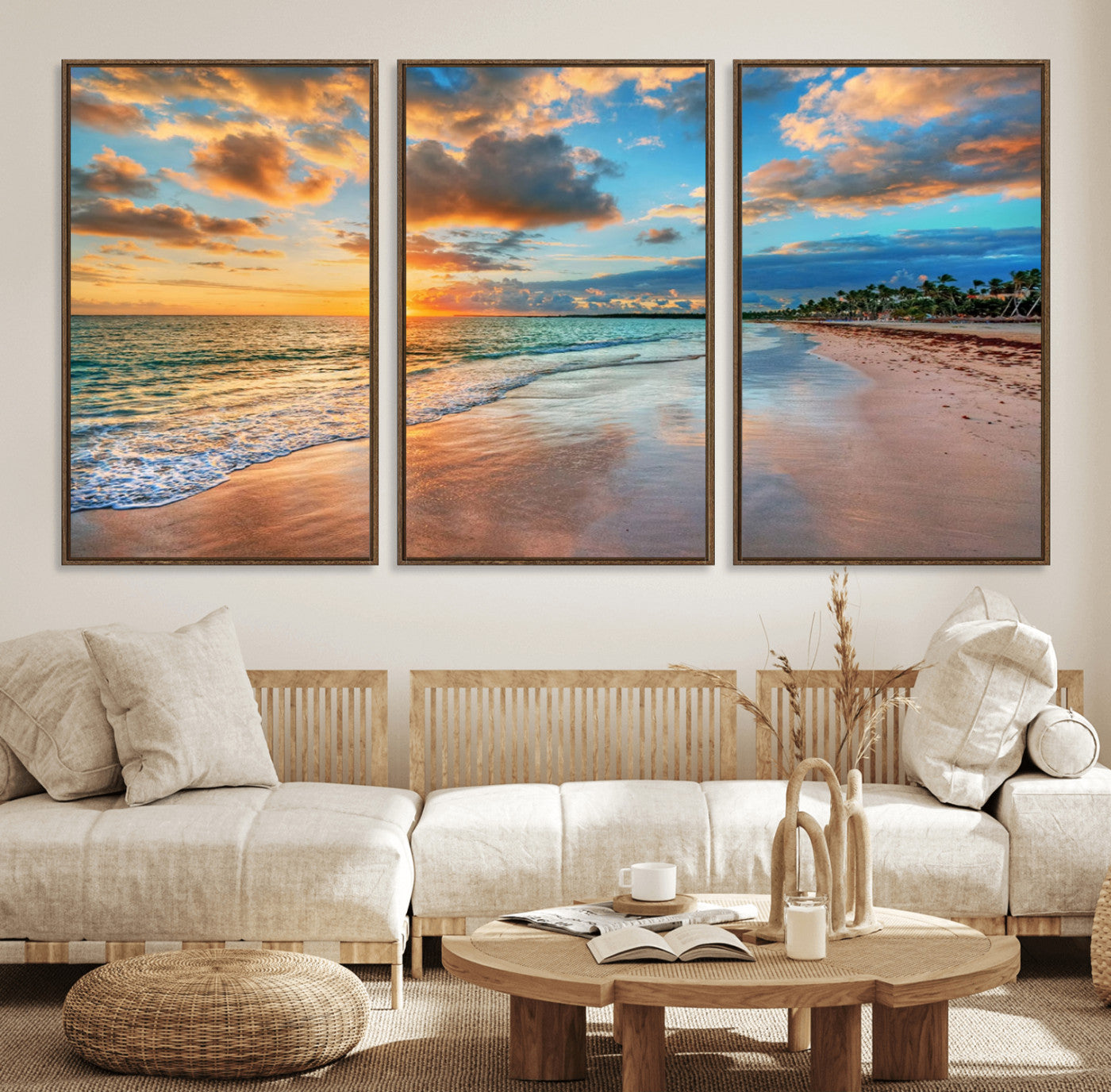 41572-MGV-CV-36X24-Sunset Ocean Waves on Tropical Beach, 3-Panel Giclee Canvas Art for Coastal Home Decor, Framed