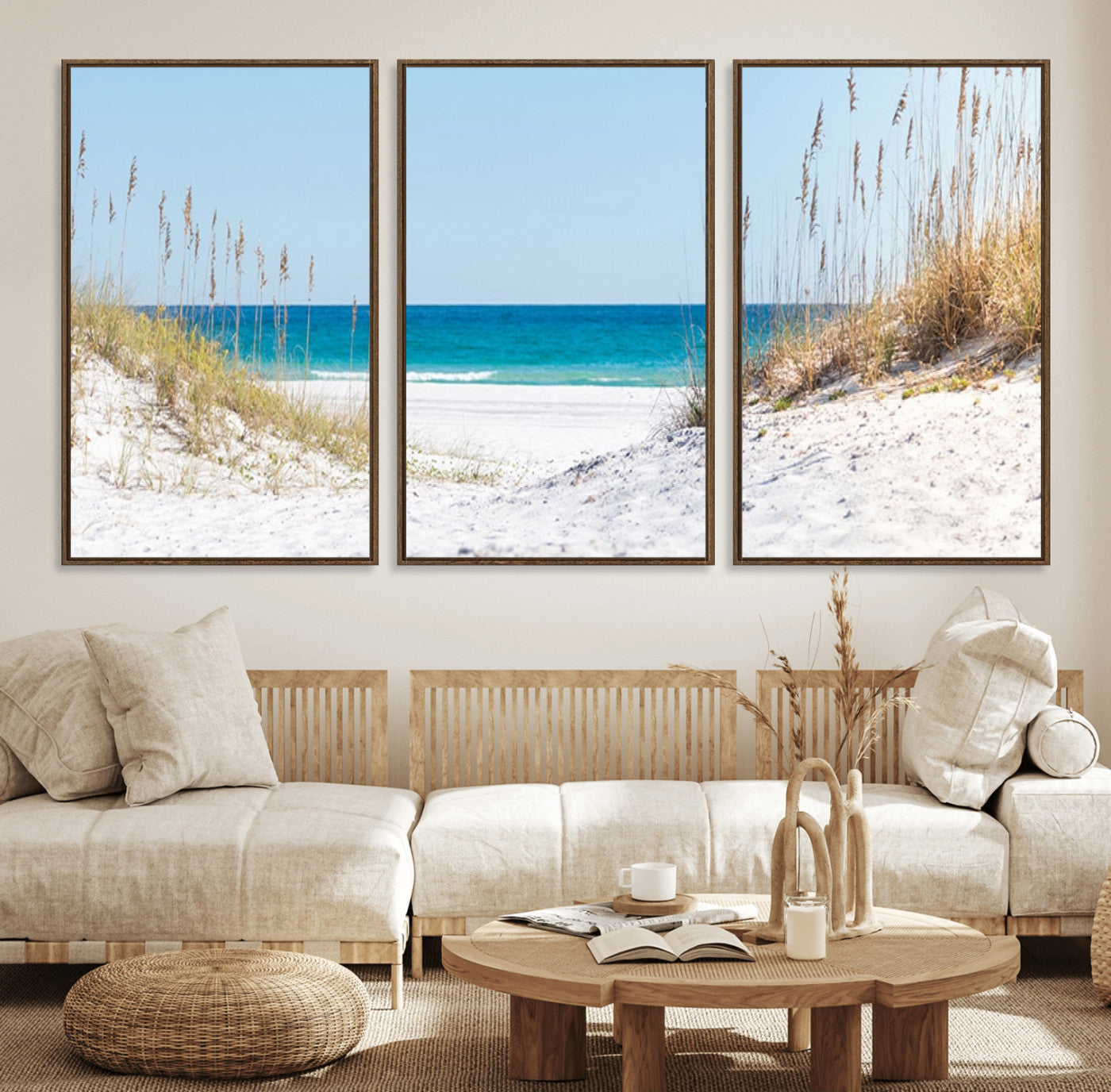 58498-MGV-FC-60X30-3P_Walnut-Serene Coastal Dune Path with Ocean View, 3-Panel Beach Canvas Wall Art, Tranquil Seascape Giclee
