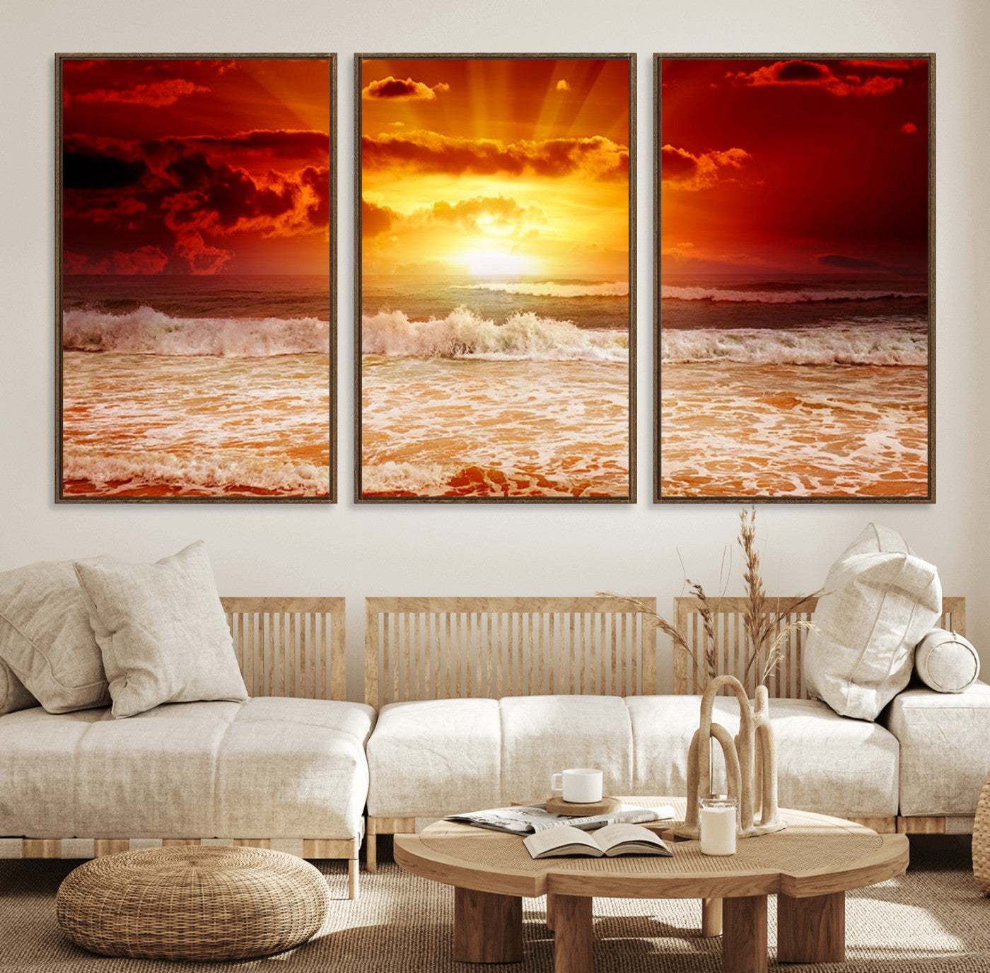 MGV-FC-60X30-3P - Red Sunset Ocean Beach Canvas Wall Art Beach Canvas, Coastal Sunset Print