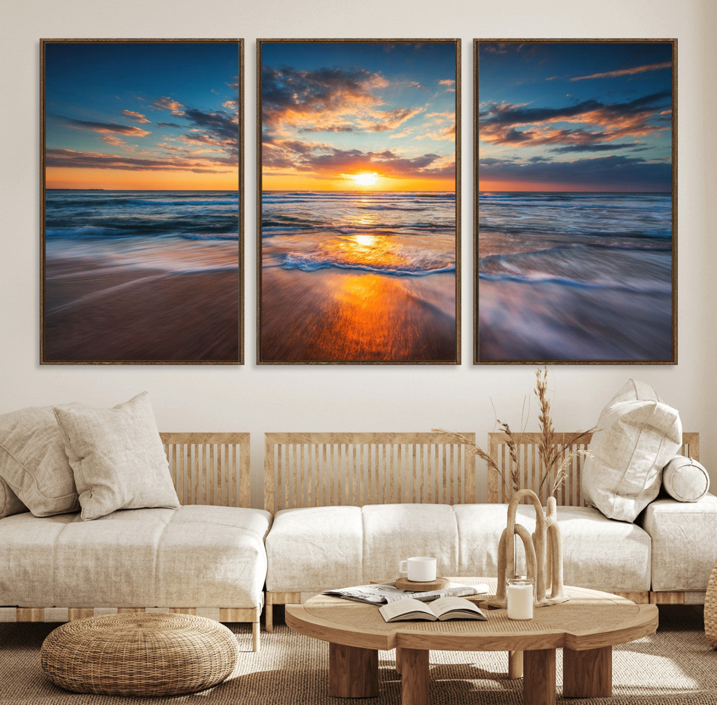 72719-MGV-FC-60X30-3P_Walnut-Sunset on the Ocean Beach with Waves, Reflections on Sand, Coastal Wall Art Print, Beach Wall Art,