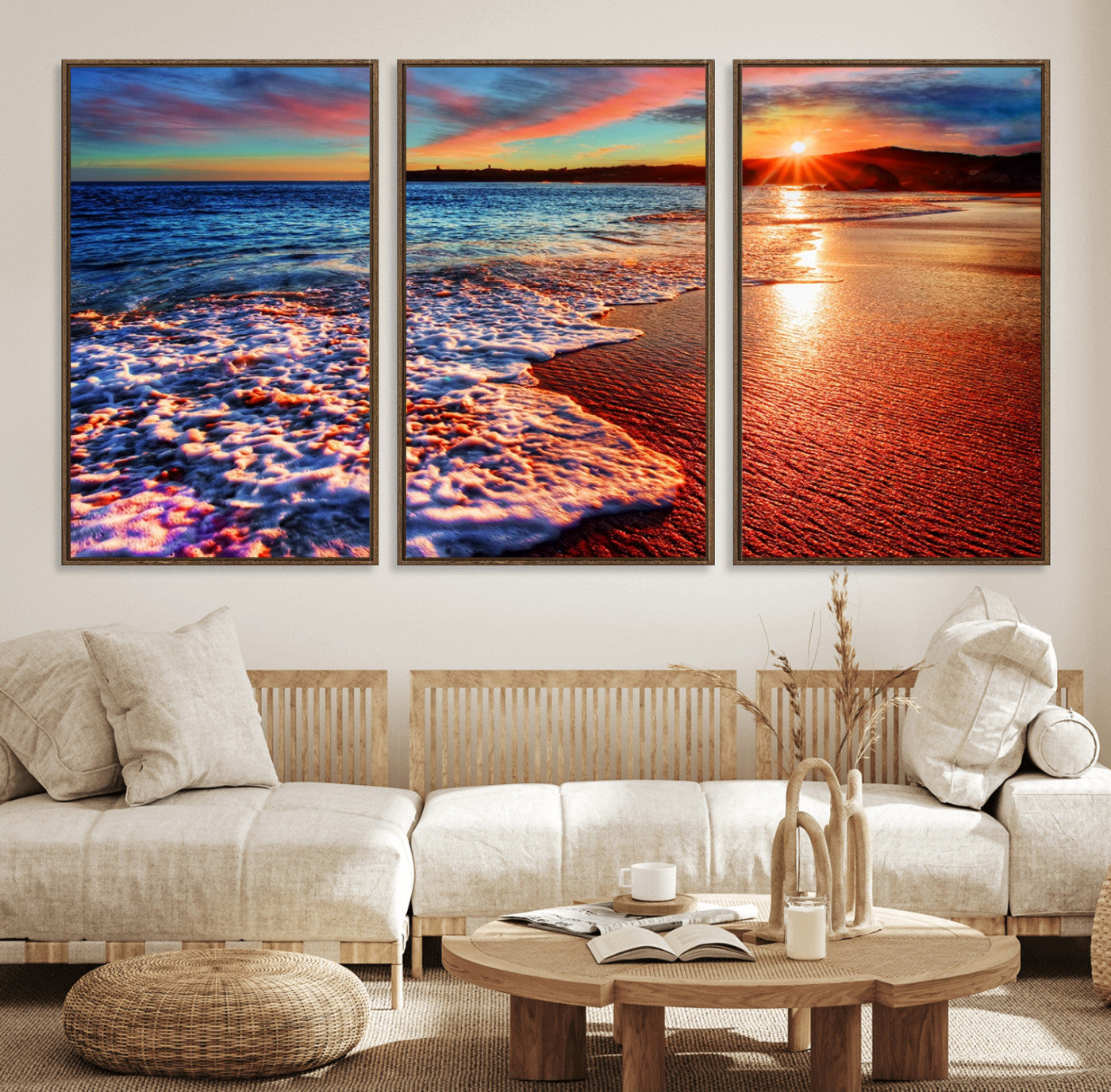 47729-MGV-FC-60X30-3P_Walnut-Colorful Coastal Sunset on the Beach Canvas Print, Ocean Waves Crashing at Dusk, Multi-Panel