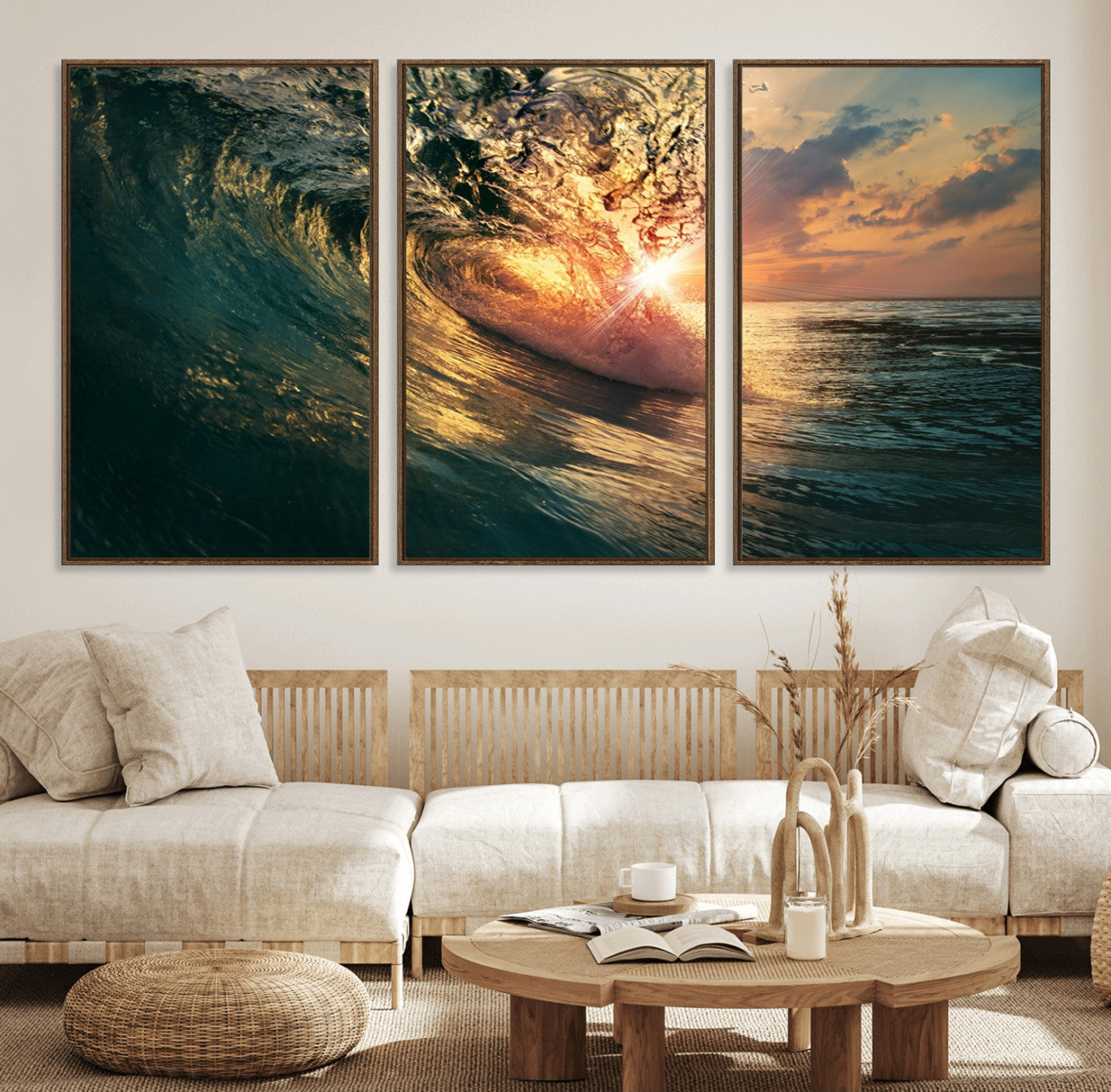 55359-MGV-FC-60X30-3P_Walnut-Ocean Wave Sunset Canvas Wall Art – Triptych Seascape Print – Framed and Ready to Hang for Living