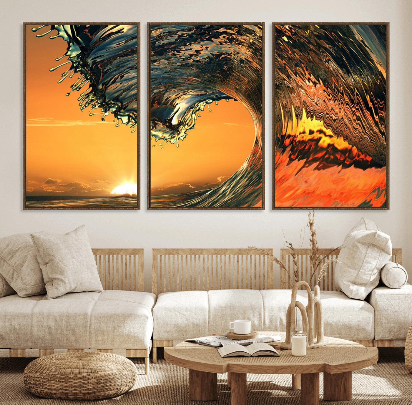 96977-MGV-FC-60X30-3P_Walnut-Surf Wave Sunset Canvas Wall Art Print, 3-Panel Ocean Coastal Wall Art Print, Ocean Decor for