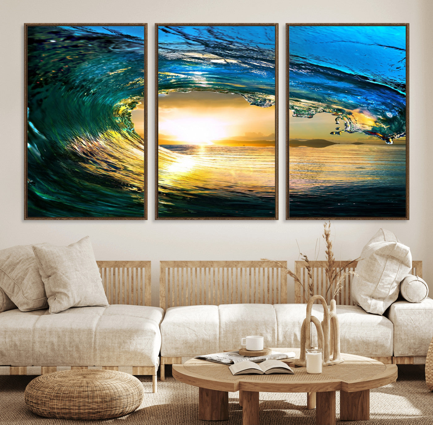 19378-MGV-FC-60X30-3P_Walnut-Ocean Wave at Sunset Canvas Art, Large Wall Print of Vibrant Water Waves, Coastal Art for Living