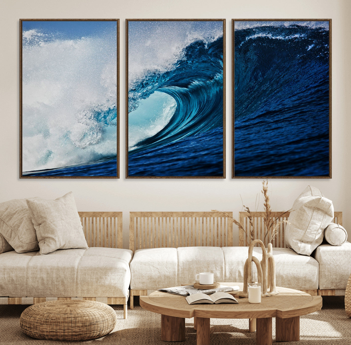 89502-MGV-FC-60X30-3P_Walnut-Ocean Wave at Sunset Canvas Art, Large Wall Print of Vibrant Water Waves, Coastal Art for Living
