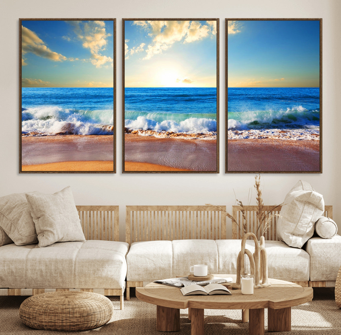 50522-MGV-FC-60X30-3P_Walnut-Tropical Beach Sunset Canvas Art, Ocean Waves and Sandy Shoreline Wall Art, Large Beach Decor for