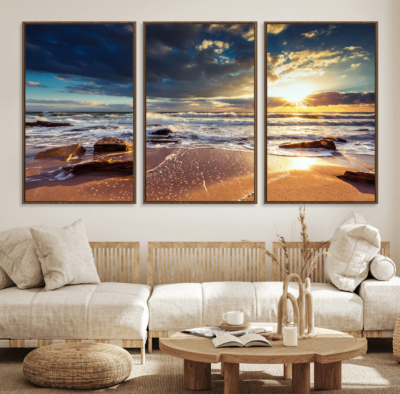 44481-MGV-FC-60X30-3P_Walnut-Golden Hour Beach Sunset Canvas Triptych, Ocean Waves and Rocks Wall Art for Coastal Home Decor