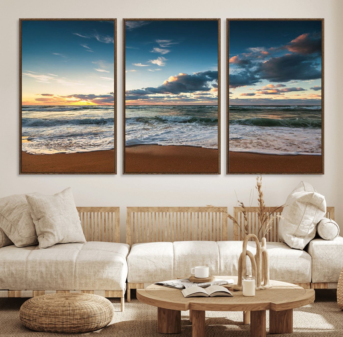 58103-MGV-FC-60X30-3P_Walnut-Ocean Beach Wall Art Canvas Print Sunset Artwork Print Coastal Wall Art