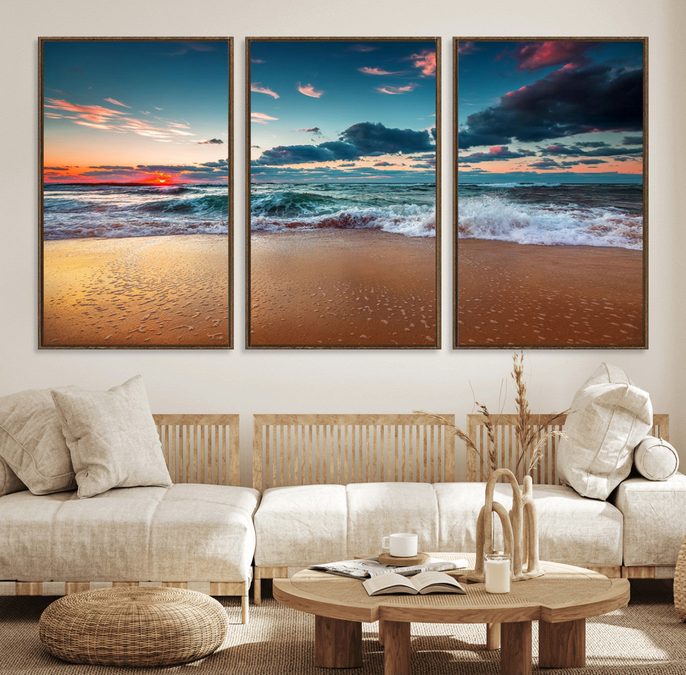 MGV-FC-60X30-3P - Sunset Ocean Beach Wall Art – Giclee Canvas Print, Coastal Seascape, Ready to Hang, Beach Decor, Large 3-Panel Set for Living Room