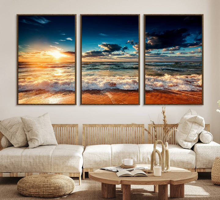 Golden Hour Sunset Over Ocean Waves Canvas: 3-Panel Coastal Landscape Art with Stunning Beach Photography Print.