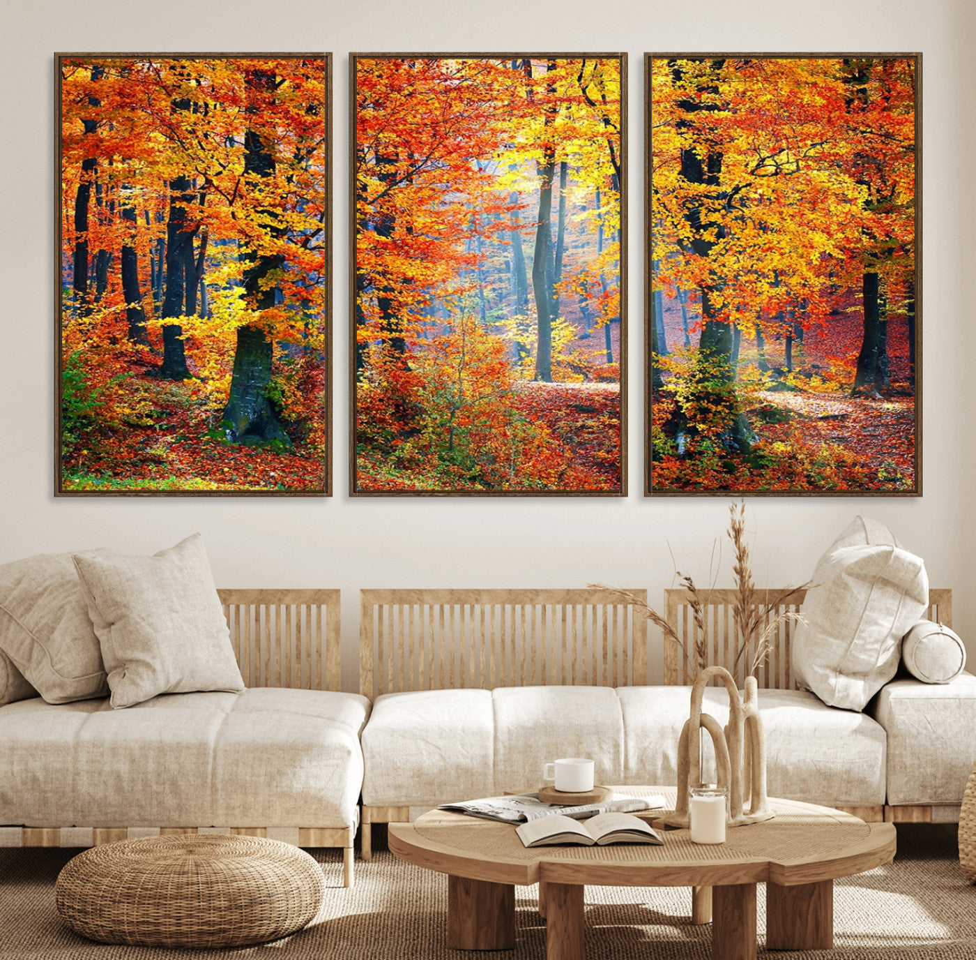 MGV-FC-60X30-3P - Autumn Red Forest Triptych Canvas Wall Art Print, Forest Wall Decor, Fall Landscape Art | Season