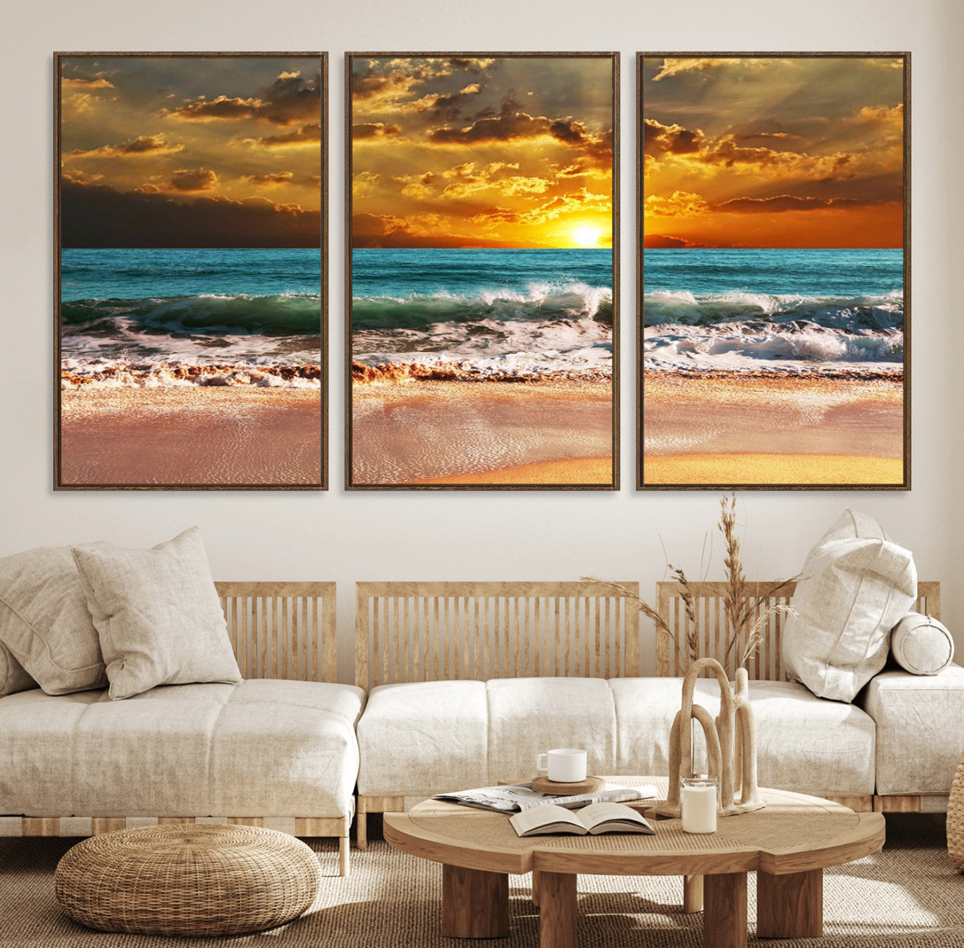 16495-MGV-FC-60X30-3P_Walnut-Golden Sunset Beach Canvas Wall Art – Triptych Seascape Print – Framed and Ready to Hang for Living