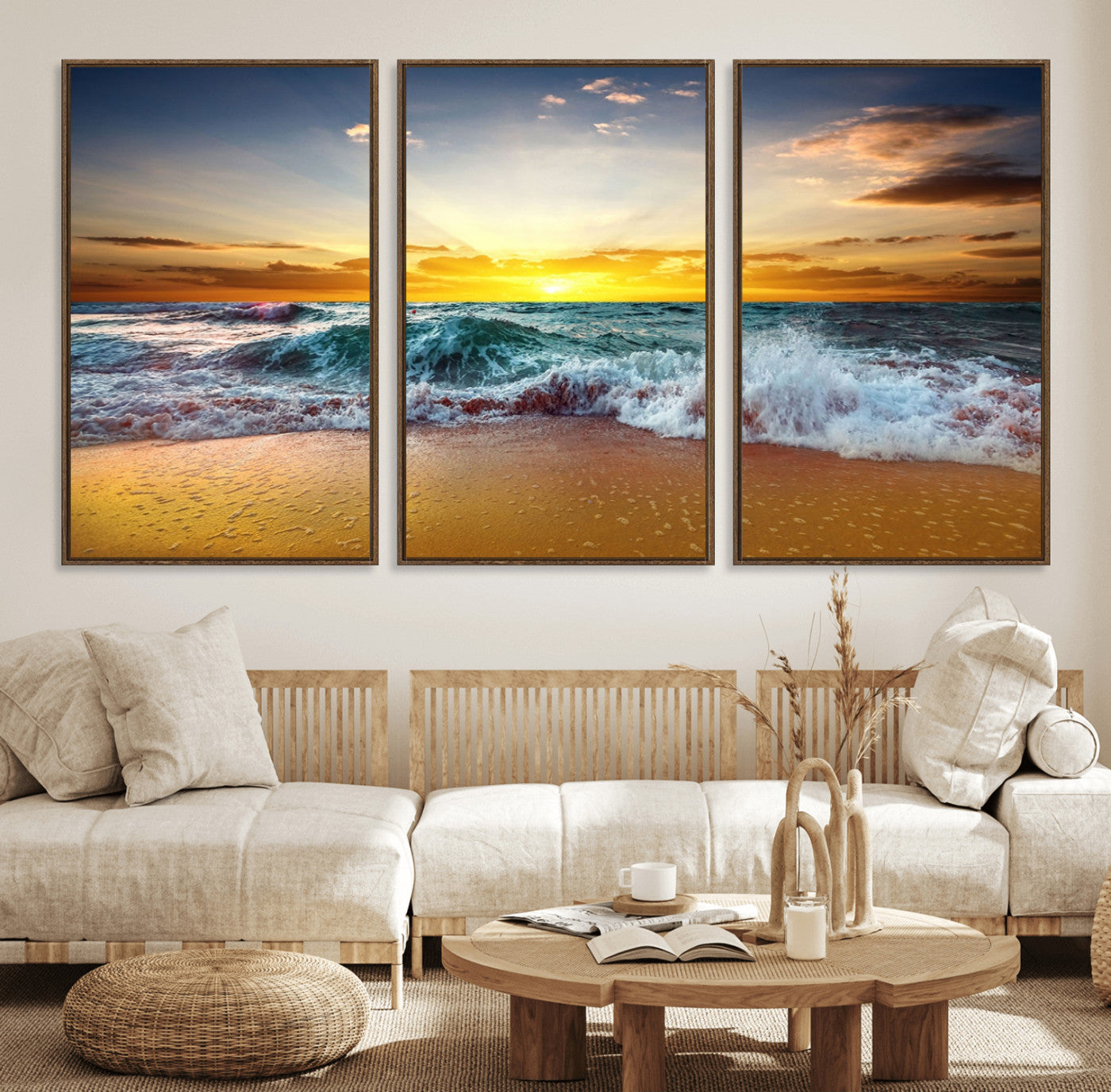 73401-MGV-FC-60X30-3P_Walnut-Golden Sunset Ocean Waves Wall Art Canvas Print – Multi Panel Beach Canvas Print Set – Large Coastal