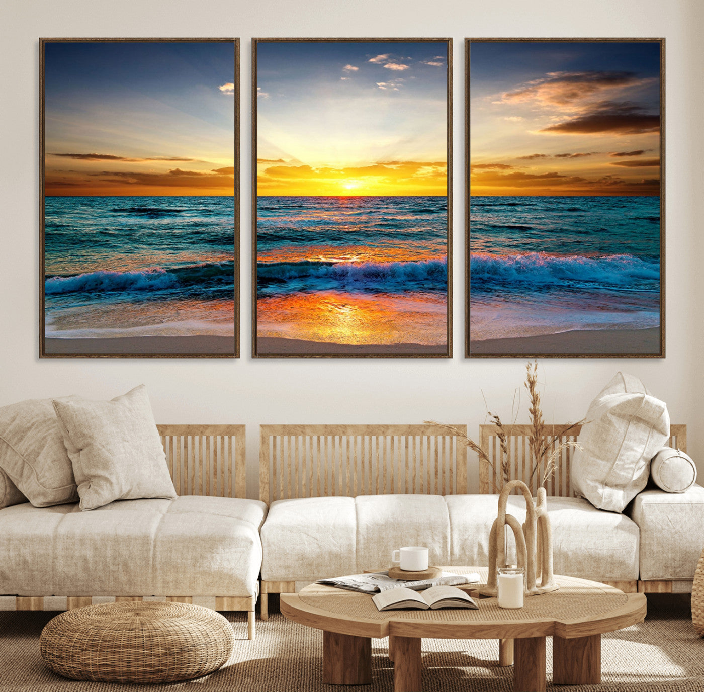50627-MGV-FC-60X30-3P_Walnut-Vibrant Ocean Sunrise Over Golden Beach Waves, Giclee Canvas Wall Art Set, High-Quality Stretched