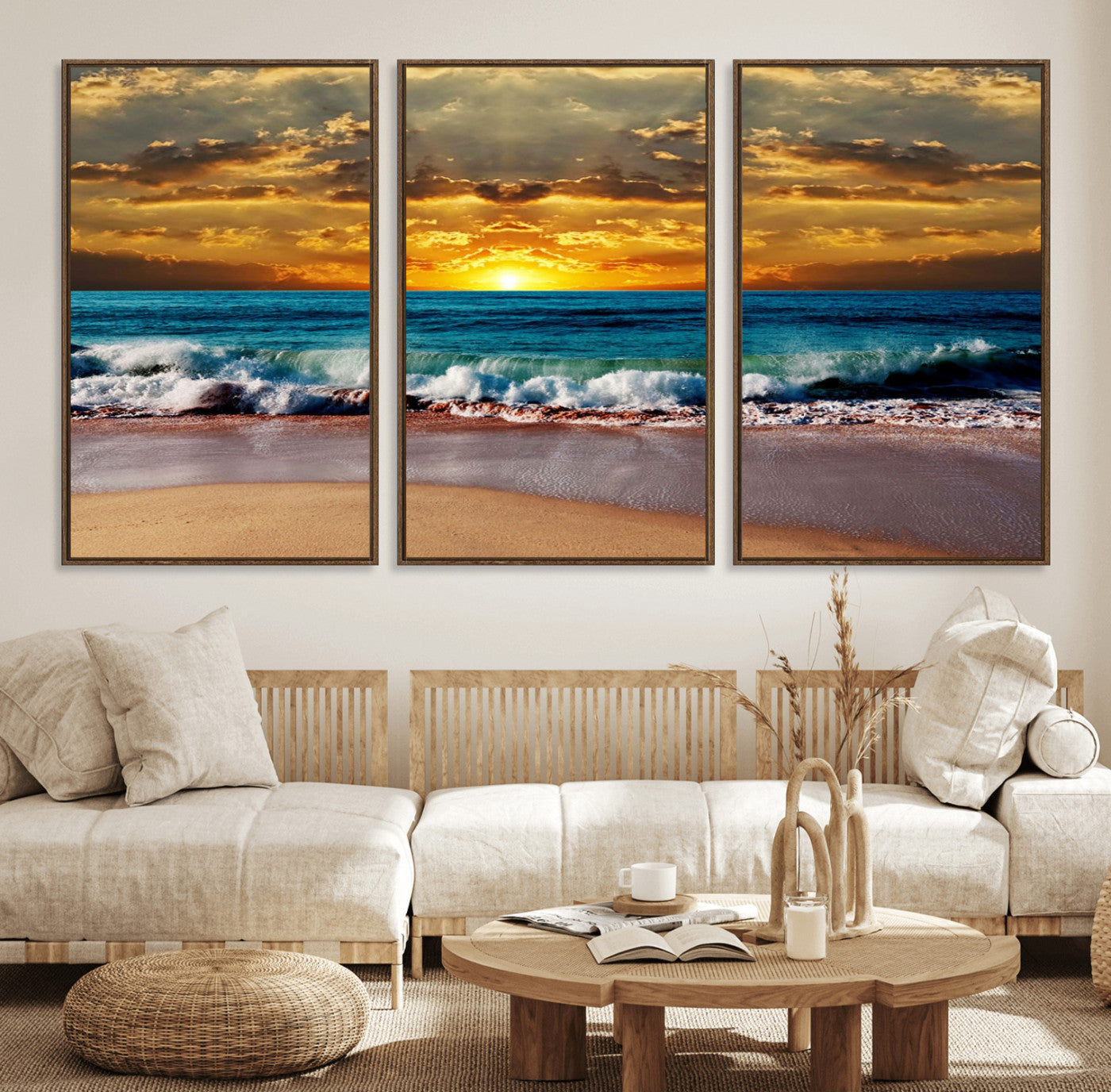 MGV-FC-60X30-3P - Ocean Sunrise Over Golden Beach Waves, Giclee Canvas Wall Art Set, High-Quality Stretched Canvas Print, Ready to Hang Coastal Sunset Wall Decor
