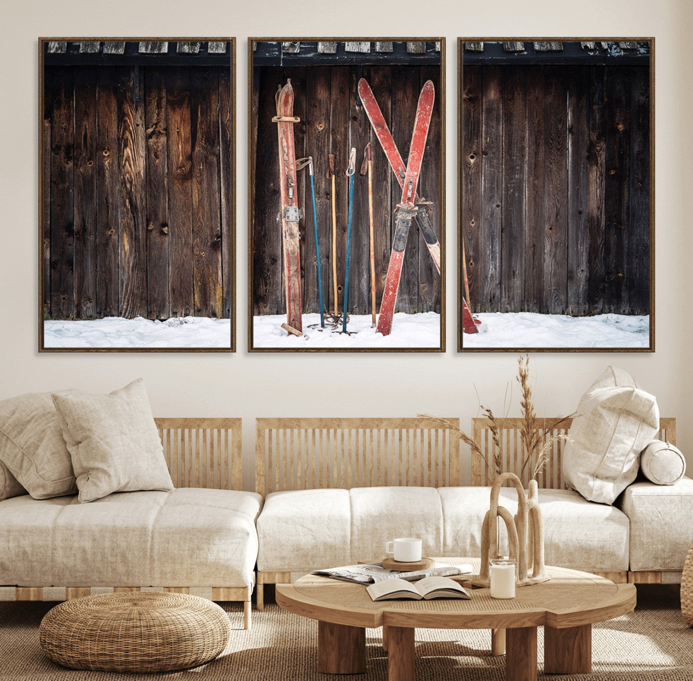 78590-MGV-FC-60X30-3P_Walnut-Vintage Ski Gear Canvas Print, Vintage Ski Gear Against Wooden Cabin Wall, Rustic Winter Sports
