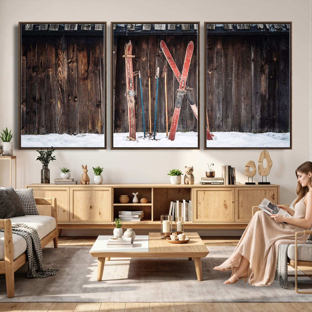 78590-MGV-CV-36X24 - Vintage Ski Gear Canvas Print, Vintage Ski Gear Against Wooden Cabin Wall