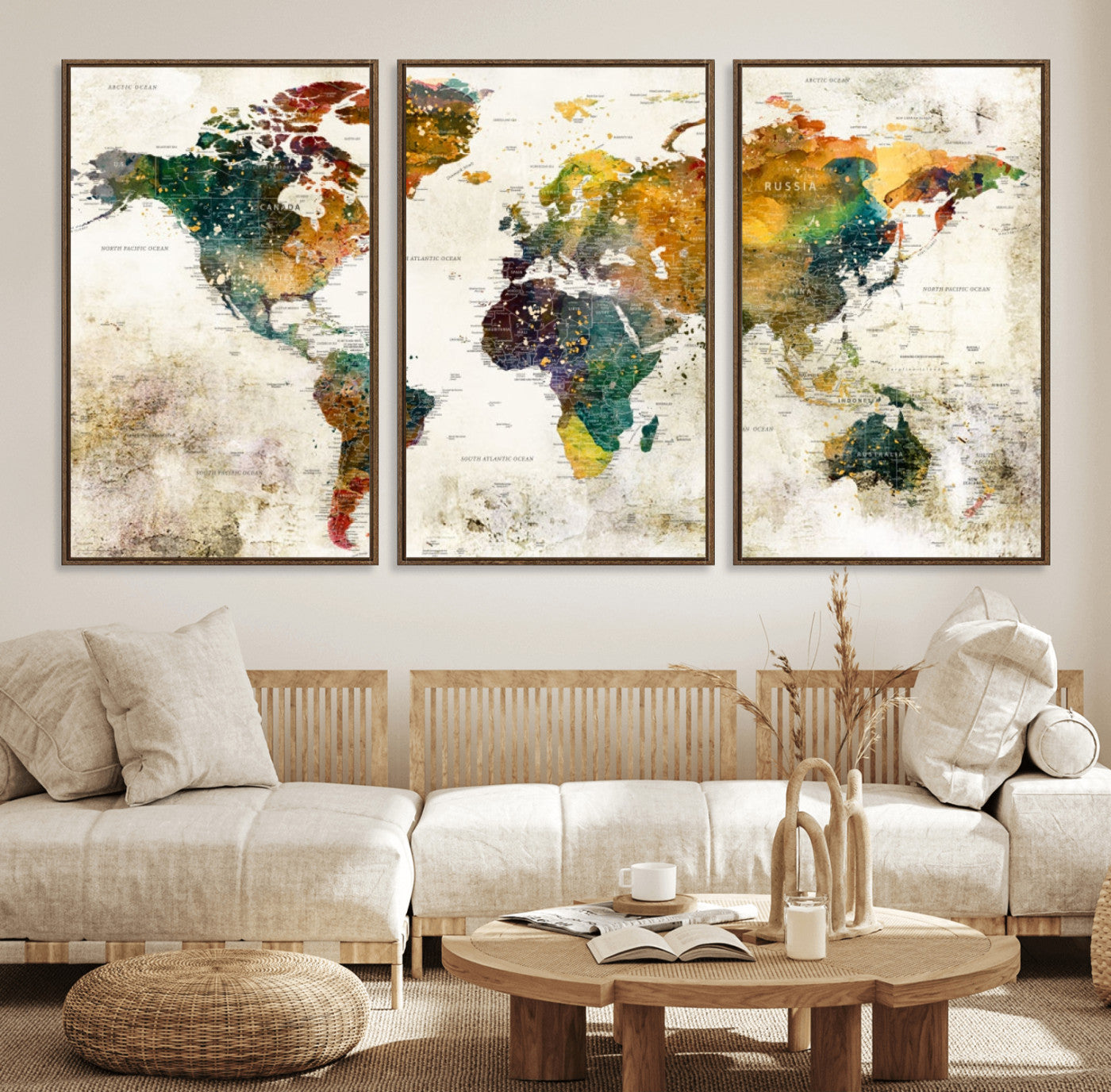 39605-MGV-FC-60X30-3P_Walnut-Vintage Watercolor World Map Canvas Wall Art – Framed Push Pin Travel Map for Home and Office Decor, Rustic Artistic World Map Artwork
