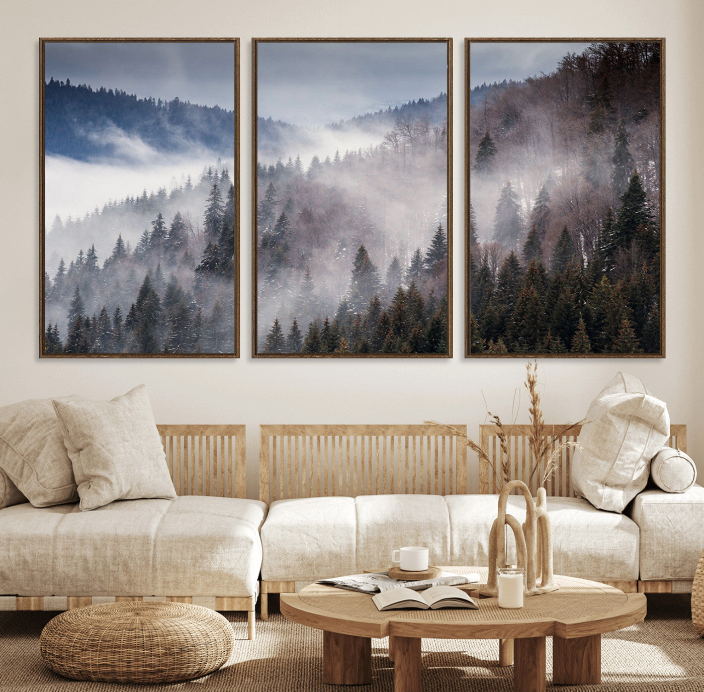 18459-MGV-FC-60X30-3P_Walnut-Beautiful Rising Fog in Winter Mountain Landscape- Framed Rising Fog in Winter Mountain Canvas
