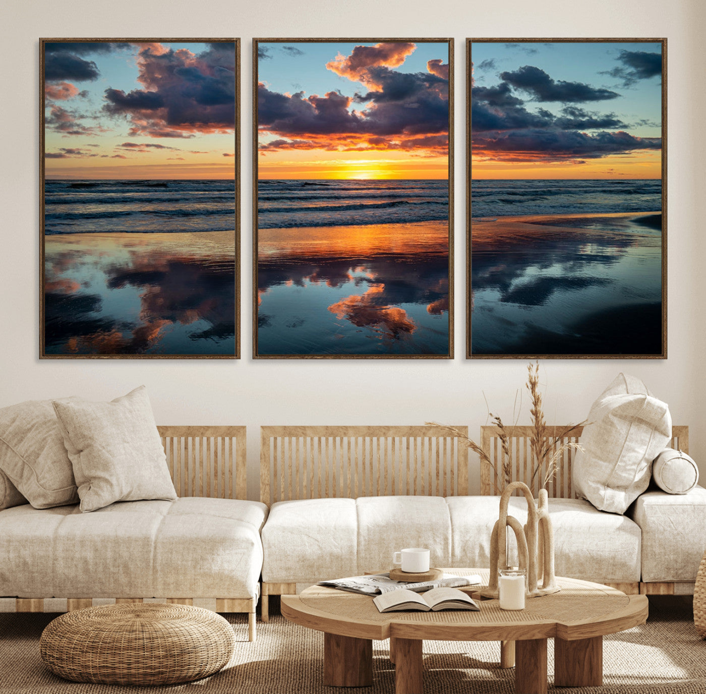 MGV-FC-60X30-3P - Beach Sunset Print - Stunning Ocean Canvas Artwork with Sunset Reflection Design for Elegant Home or