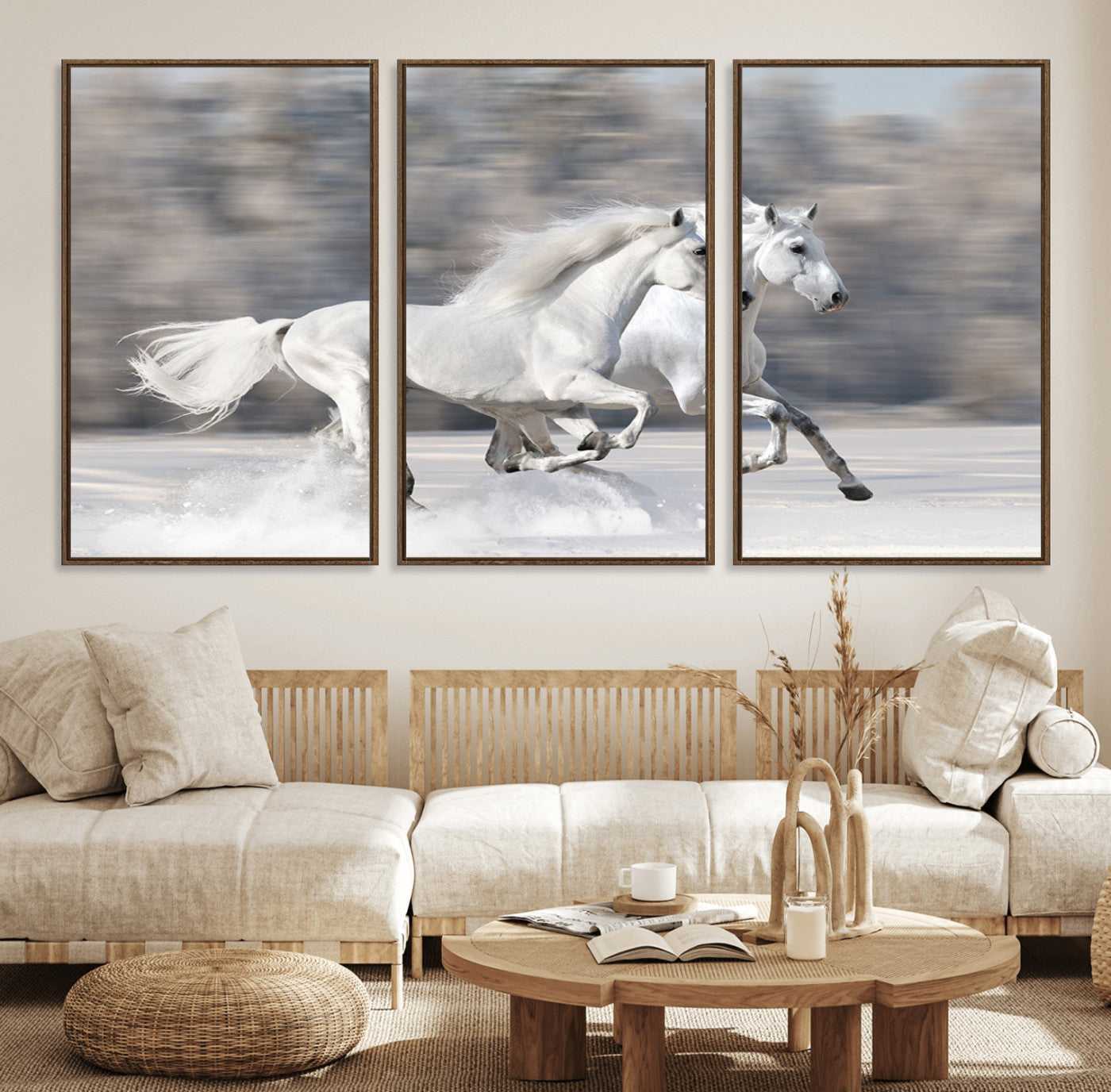 MGV-FC-60X30-3P - The White Horses Wall Art, Framed White Horses Wall Art Canvas Print