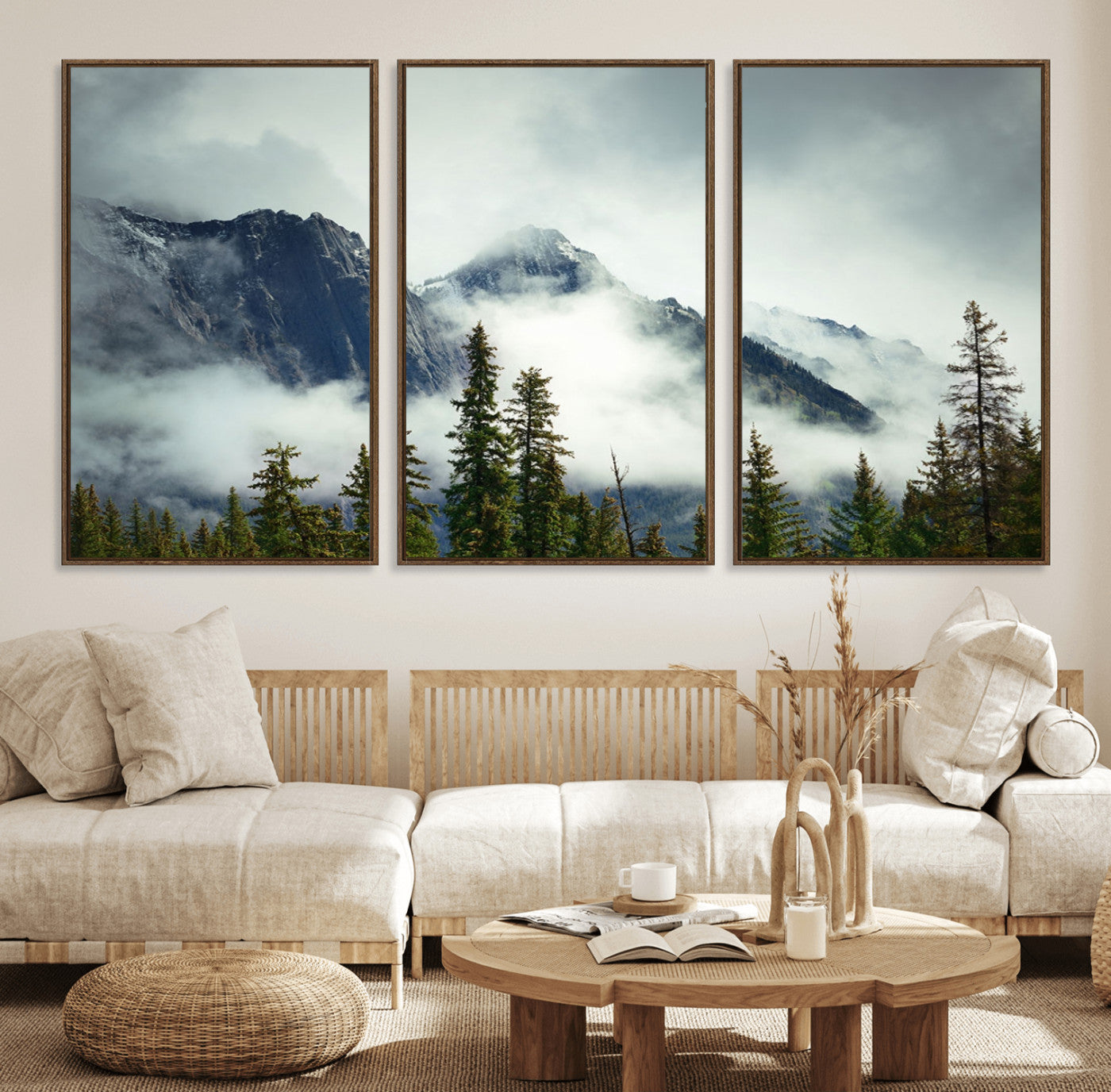93219-MGV-FC-60X30-3P_Walnut-Mountain Mist Canvas Wall Art Print | 3-Panel Foggy Forest and Mountain Landscape | Large Giclee
