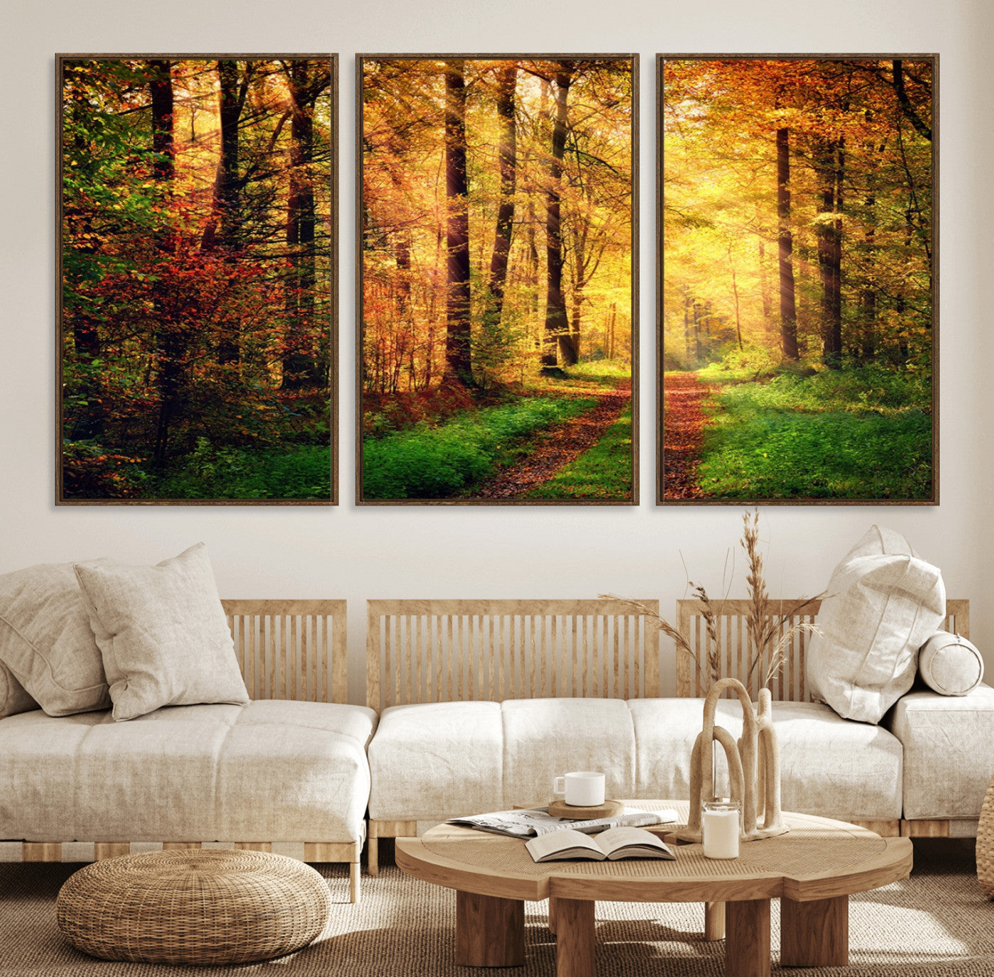 73494-MGV-FC-60X30-3P_Walnut-Sunlight Through Trees Wall Art Canvas Print - Autumn Forest Wall Art Canvas Print