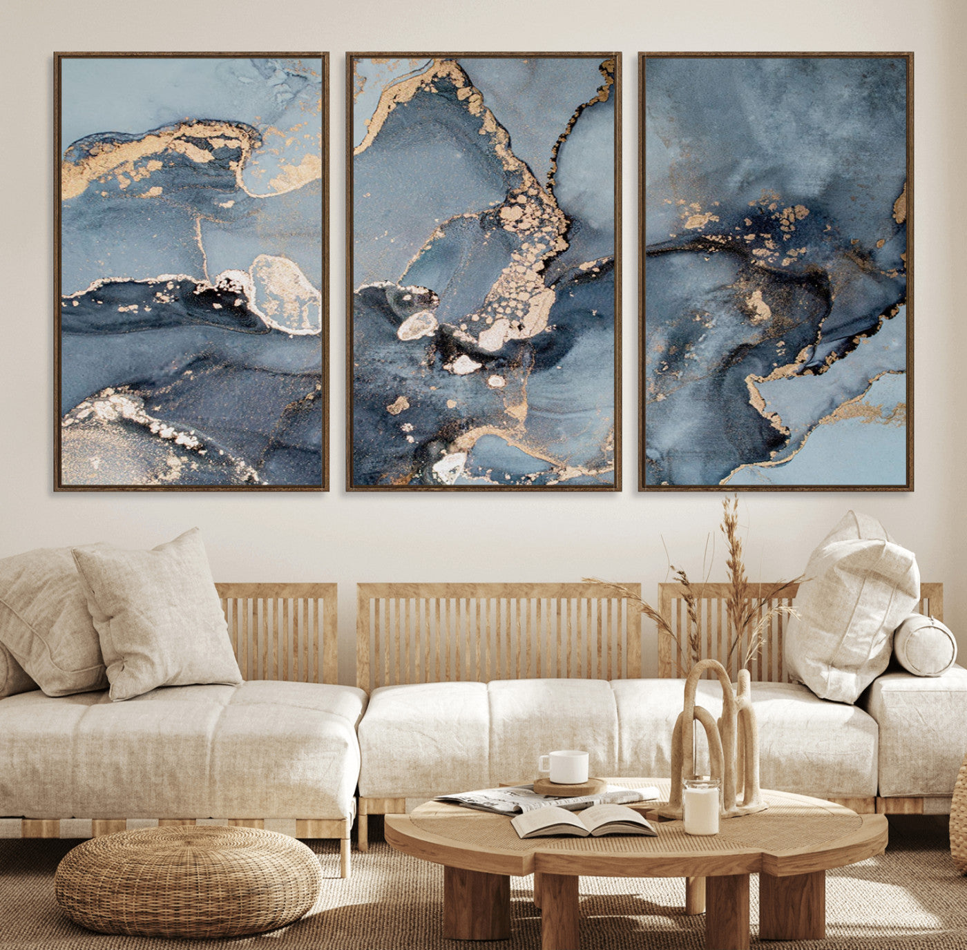 17119-MGV-FC-60X30-3P_Walnut-Multipanel Marble Fluid Effect Wall Art Abstract Canvas Wall Art Print