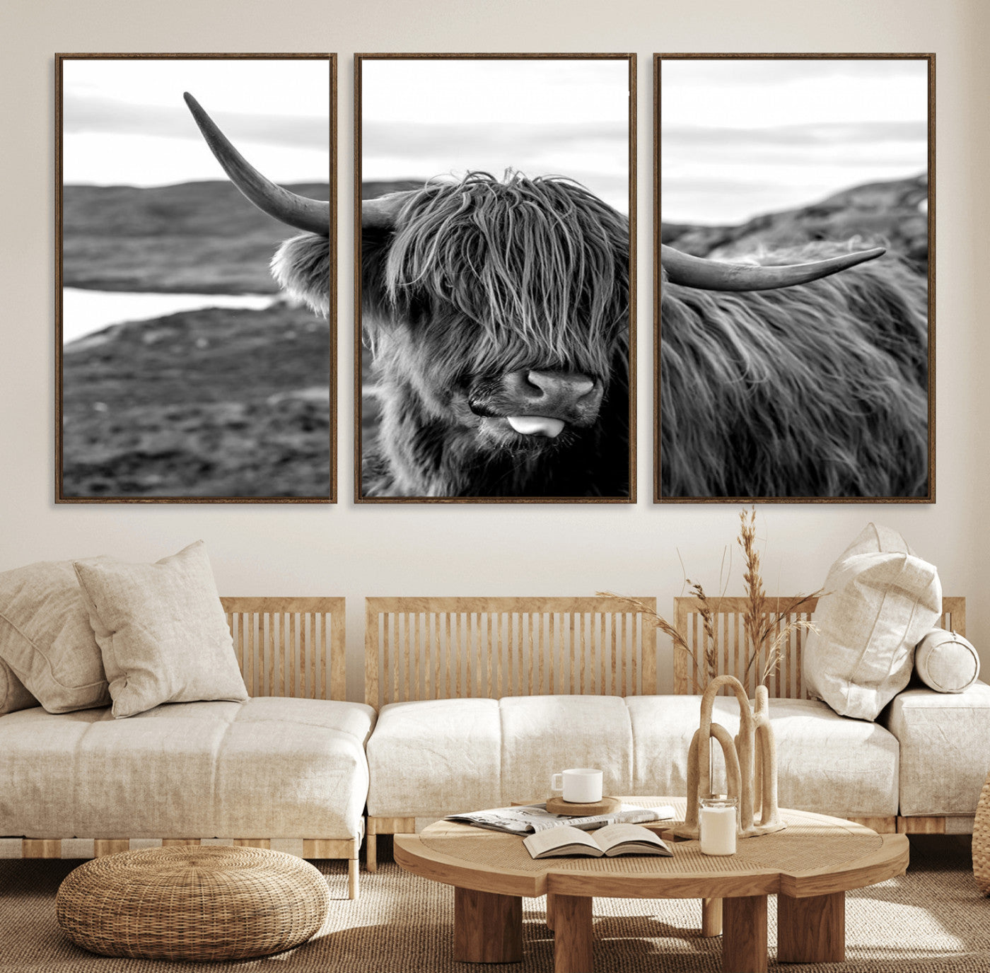 83810-MGV-FC-60X30-3P_Walnut-Longhorn Steer Canvas Print Wall Art, Highland Cow Canvas Wall Art – Black and White Animal Portrait