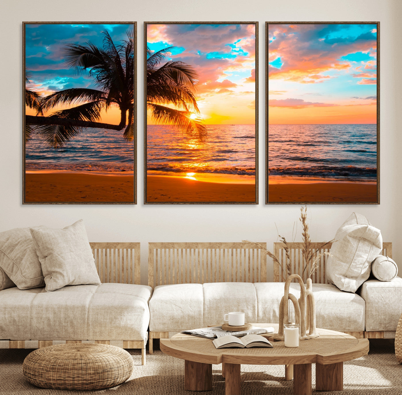 34674-MGV-FC-60X30-3P_Walnut-Palm Tree Sunset On The Beach Wall Art Canvas, Framed Palm Tree Sunset Canvas Print