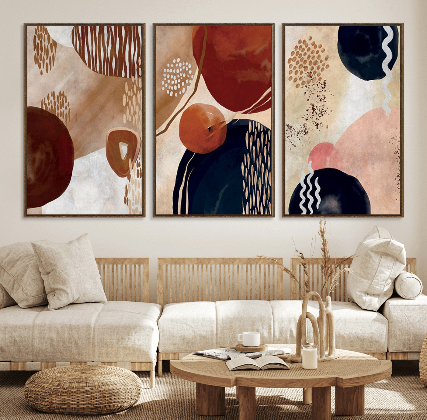 52048-MGV-FC-60X30-3P_Walnut-Boho Wall Art Canvas Print Set Mid-Century Prints Bohemian Wall Artwork Prints Boho Neutral